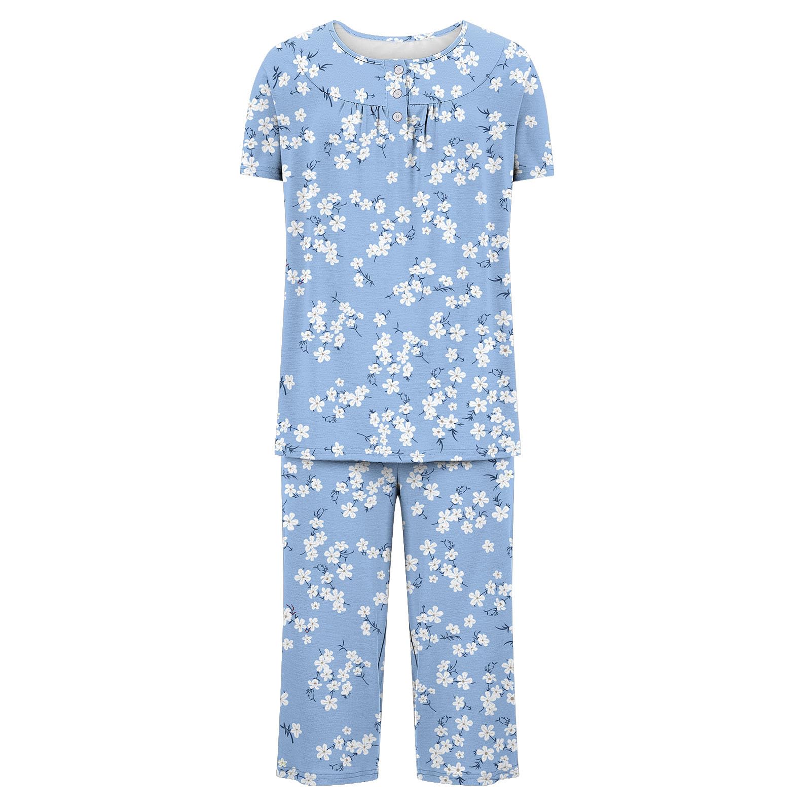Kinrui Women's 2-Piece Pajama Set - Short Sleeve Shirt & Capri Pants with Pockets | Soft Lounge Sleepwear for Women | Perfect for Sleepovers, Relaxing at Home & Summer Nights