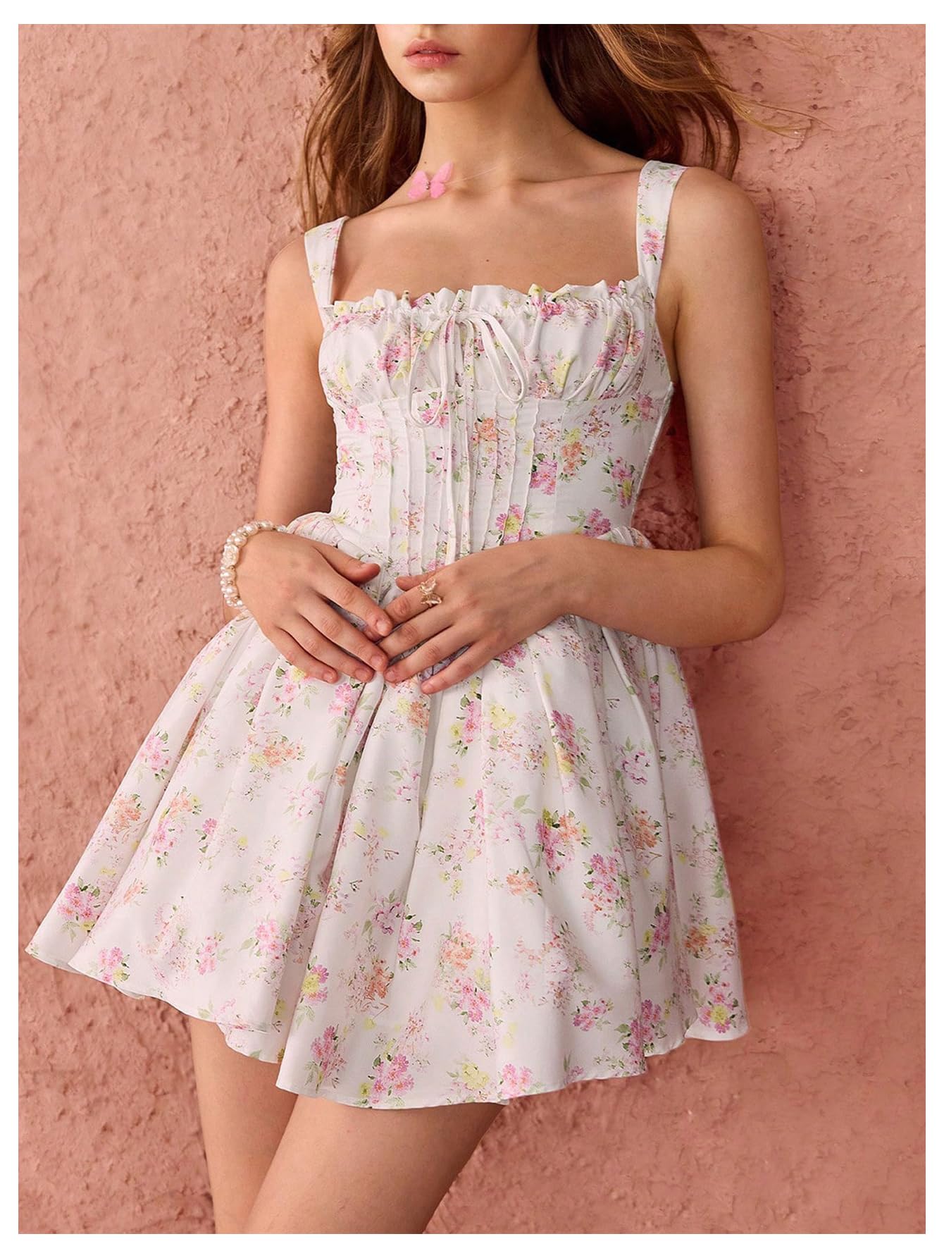 SHENHE Women's Floral Corset Mini Dress - Square Neck, Smocked Waist, Fit & Flare Boho Style for Summer, Party, Date Night, Beach & Vacation Outfits