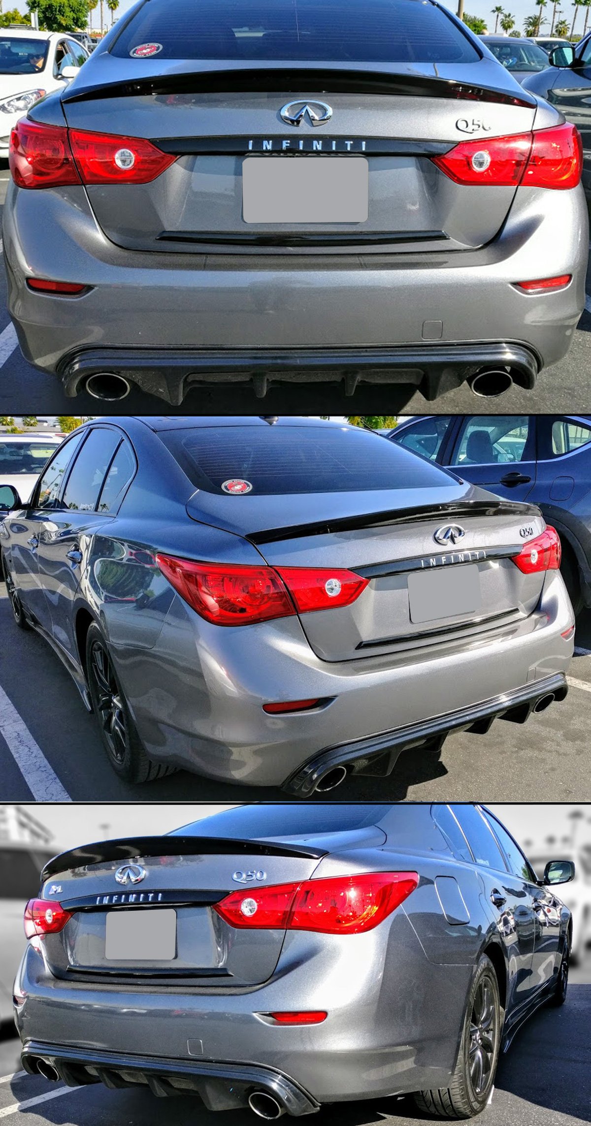 AQ Style Rear Bumper Diffuser + VIP Style Trunk Spoiler Combo for 2014-2017 Infiniti Q50 - Carbon Fiber Car Body Kit for Enhanced Aerodynamics & Sporty Look