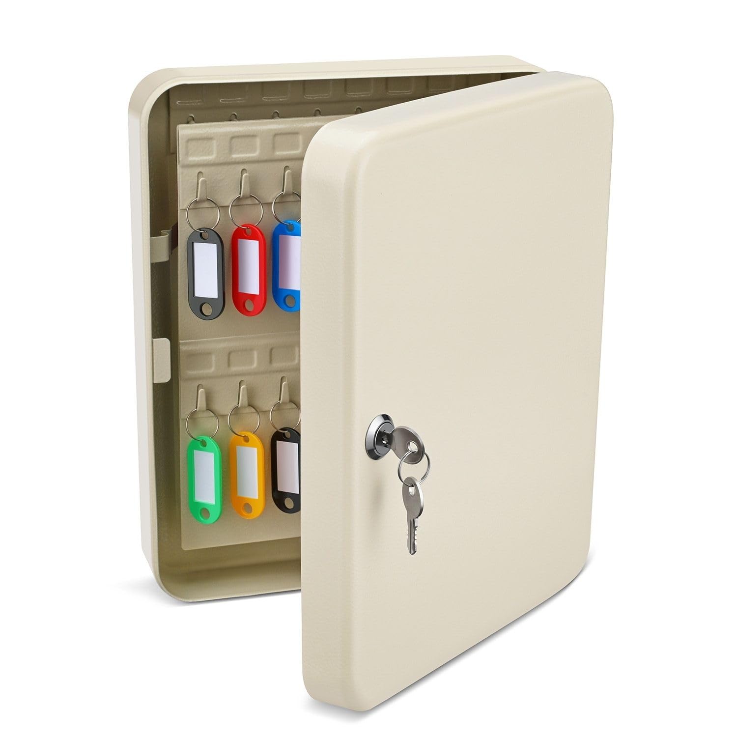 Flexzion Wall Mount Key Cabinet with Digital Code - 60 Key Holder Organizer with Colored Tags & Hooks - Secure Key Storage Box for Home, Office, Hotel, Business (Gray) | Perfect for Property Management & Key Organization
