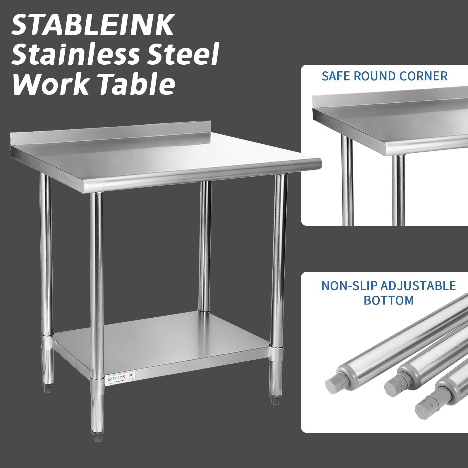 STABLEINK NSF Certified Stainless Steel Work Table 24x48 Inches - Commercial Kitchen Prep Table with Adjustable Undershelf, Backsplash & Leveling Feet - Ideal for Restaurants, Food Prep, Catering & Commercial Kitchens