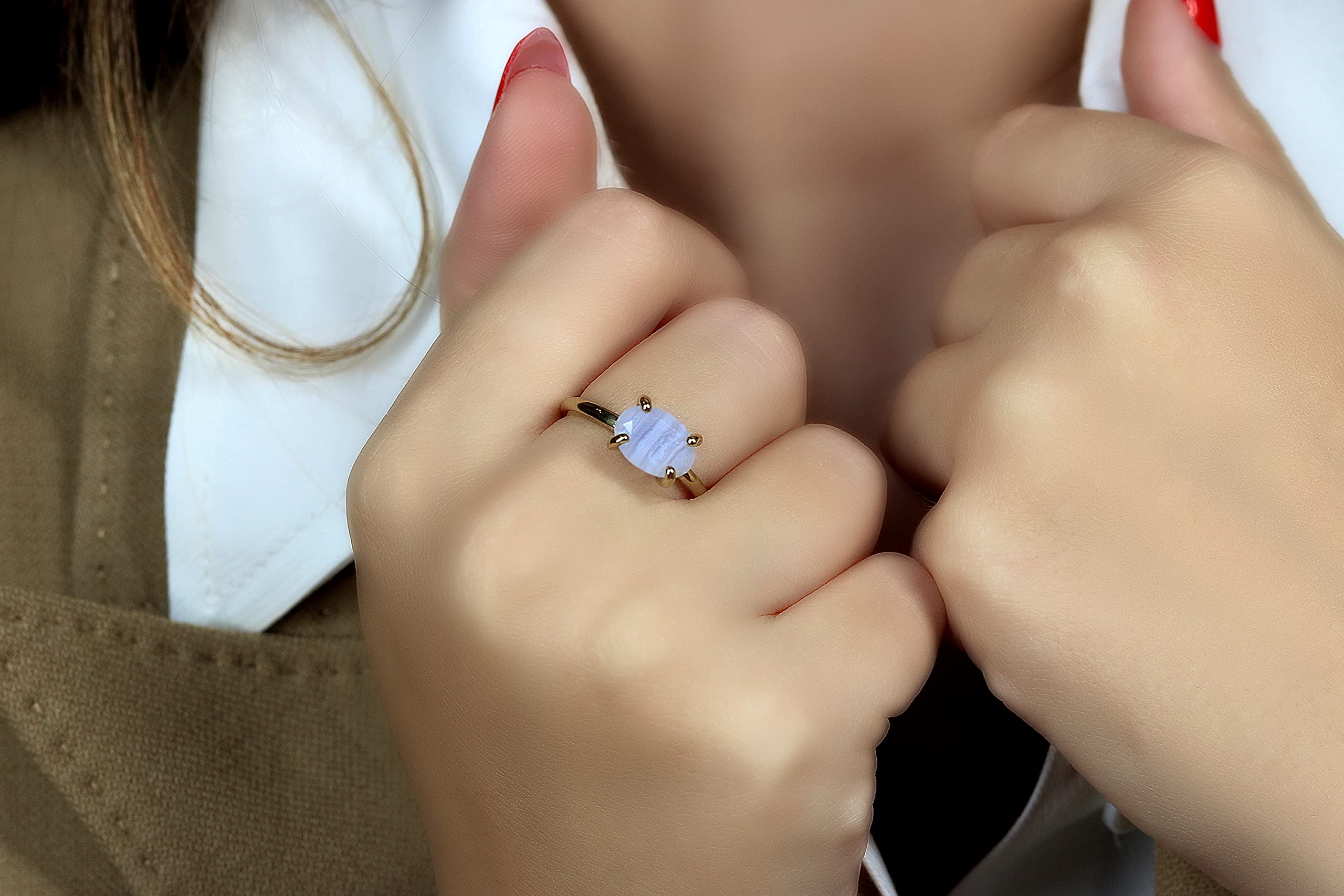 Delicate Lace Agate Solitaire Ring for Women - Handmade Oval Engagement Ring with Customizable Band - Stackable Everyday Jewelry Gift for Anniversary, Wedding & Romantic Occasions