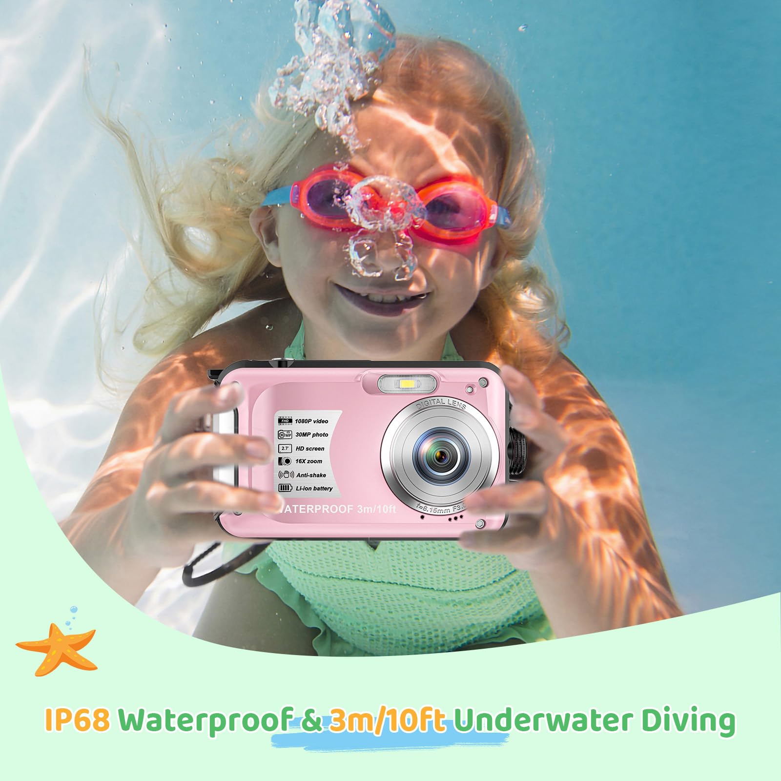 Waterproof Digital Camera 10FT Underwater, 1080P Full HD 30MP Kids Camera with 16X Zoom & Anti-Shake - Perfect for Swimming, Snorkeling & Outdoor Adventures (Pink)