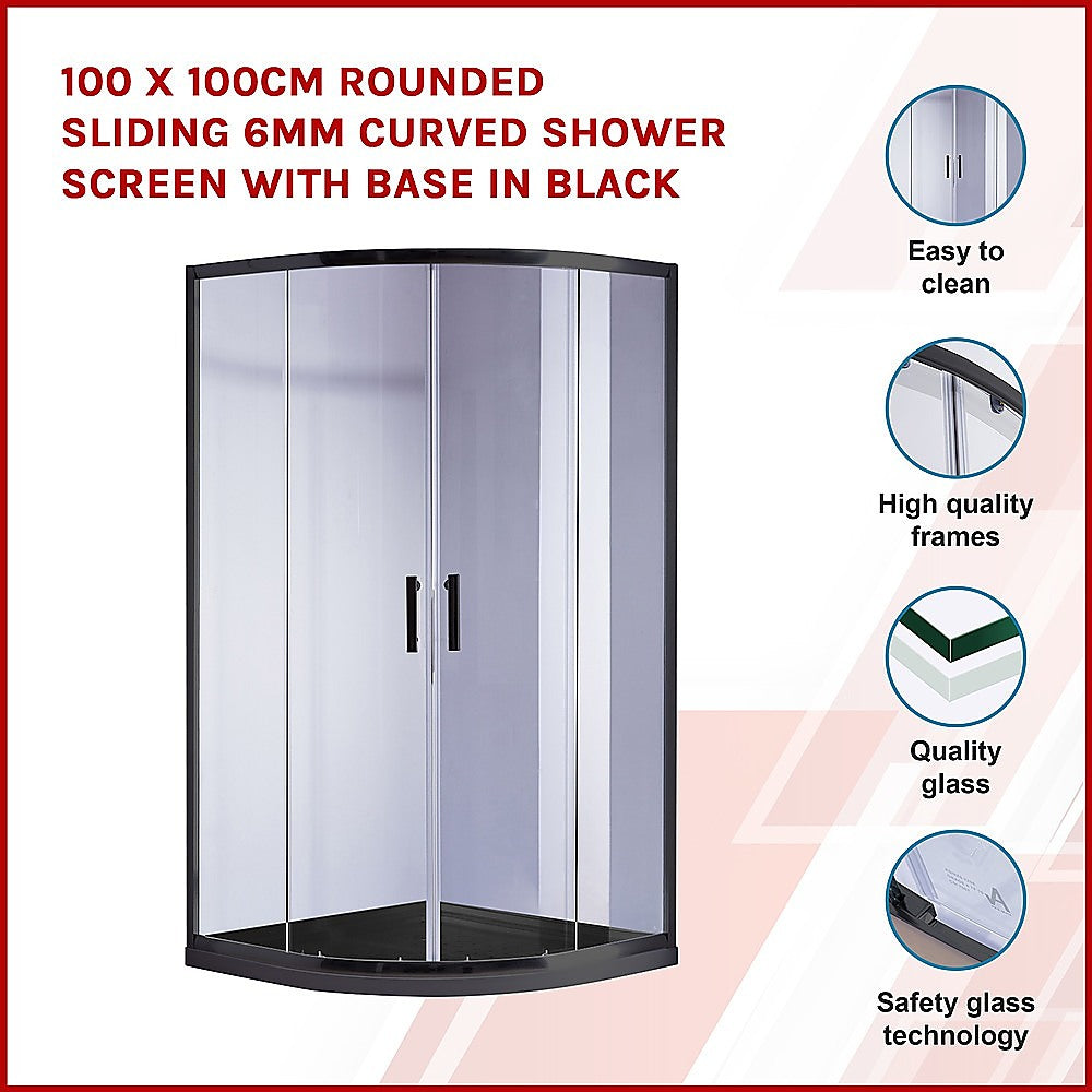 6mm Black Frameless Curved Shower Screen with Base - 100x100cm Rounded Sliding Glass Door for Bathroom & Wet Room Installation