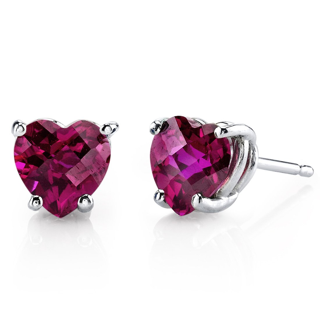 Peora 14K White Gold Lab-Created Ruby Heart Stud Earrings for Women - 6mm (2ct Total) Classic Solitaire Studs with Secure Friction Back - July Birthstone Jewelry for Anniversary, Valentine's Day & Special Occasion Gifts