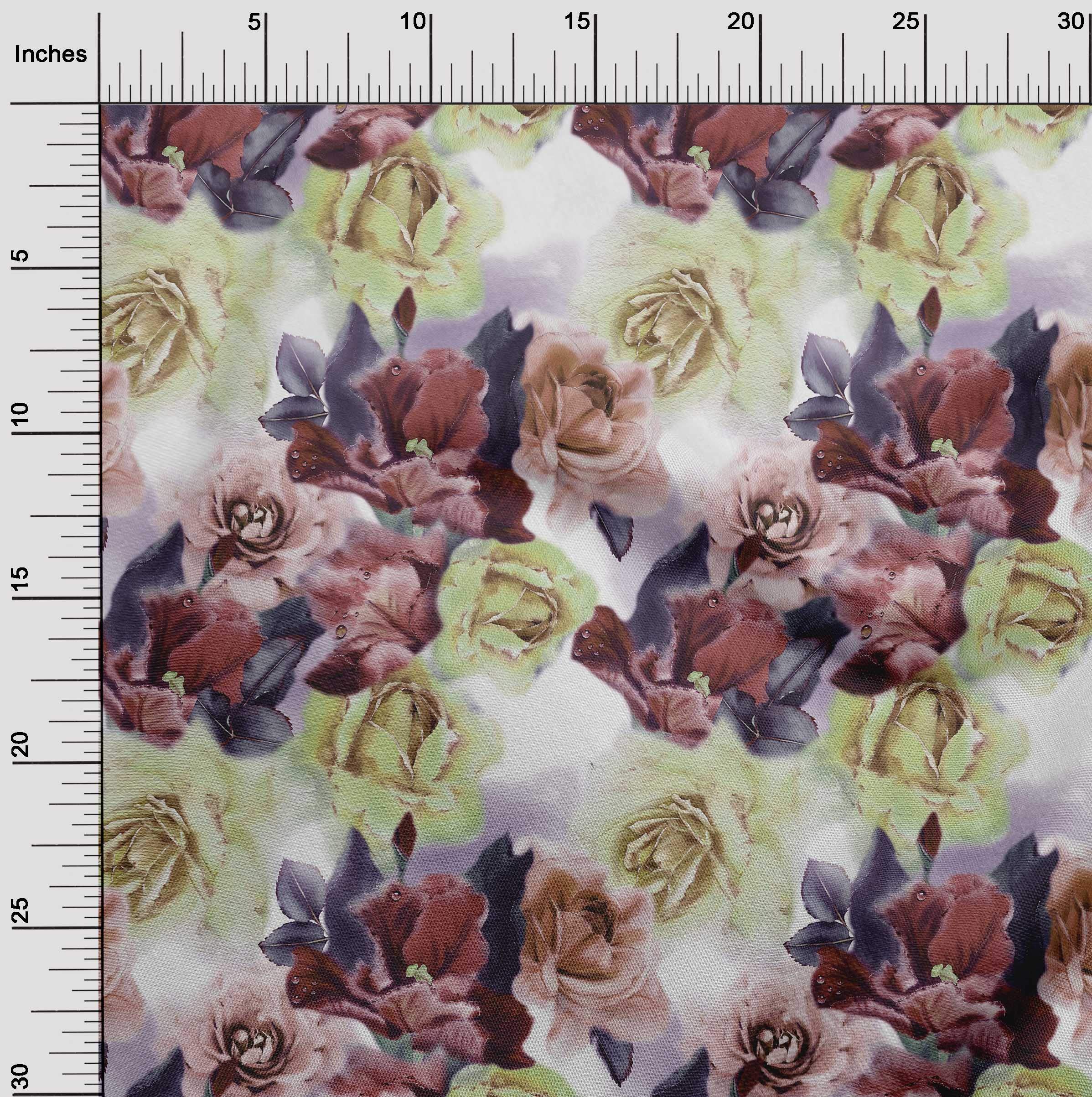 oneOone Polyester Spandex Dark Rose Brown Fabric - Watercolor Leaves & Roses Print - 56 Inch Wide Sewing Material for Dresses, Curtains & DIY Crafts
