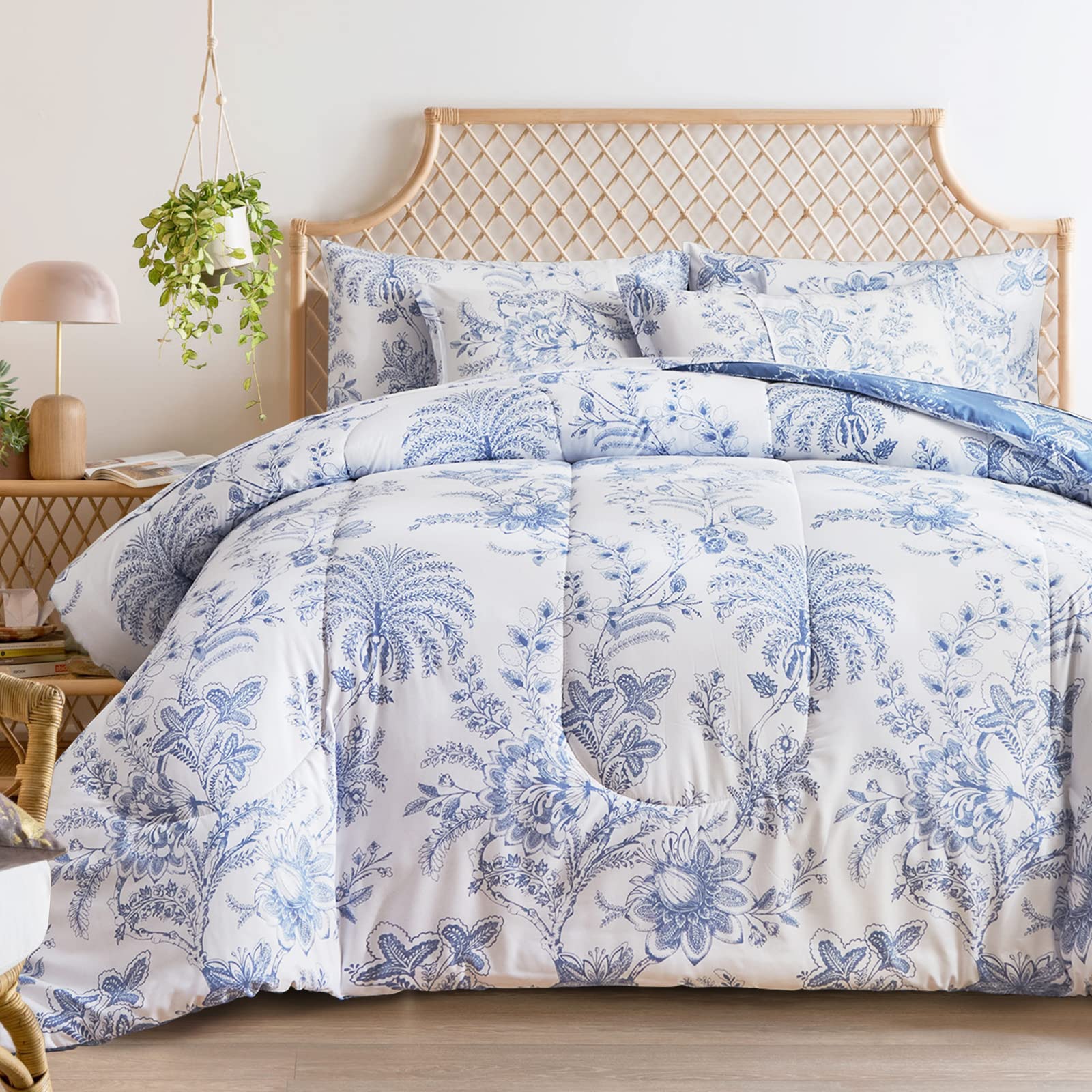 Flysheep King Size 7-Piece Reversible Botanical Bedding Set - Blue & White Floral Print Comforter, Sheets & Pillowcases for Cozy Bedroom Decor | Perfect for Master Bedroom, Guest Room & Dorm