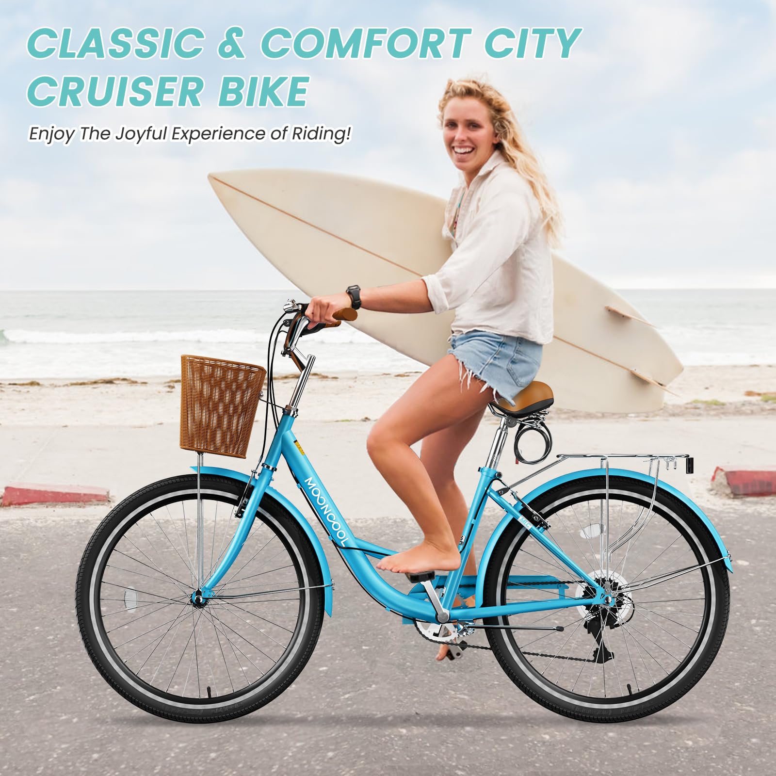 DoCred 24/26 Inch 7-Speed Lightweight Women's City Bicycle - Comfortable Beach Cruiser Bike with Rattan Front Basket & Lock - Perfect for Commuting, Leisure Rides & Beach Outings