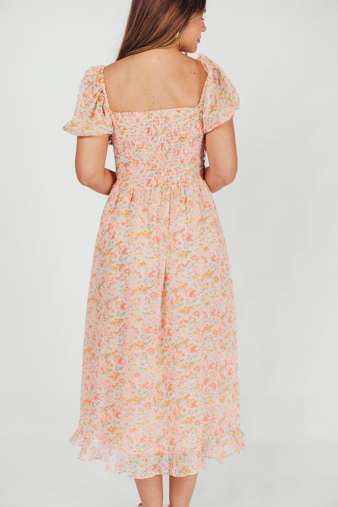 Lunaria Pleated Bustier Midi Dress - Floral Orange Summer Dress for Women | Perfect for Weddings, Parties & Date Nights