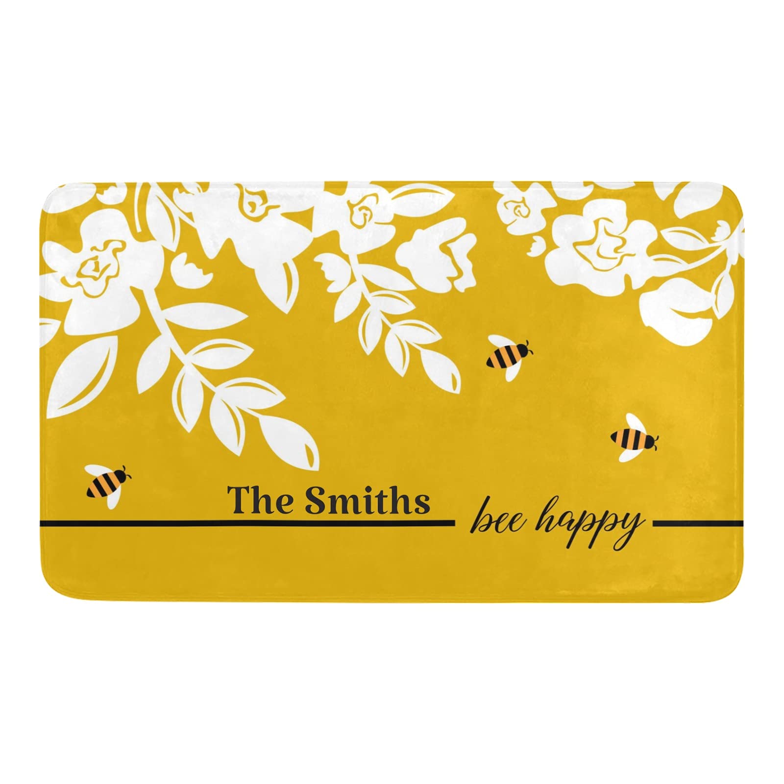 Personalized Bee Happy Doormat - 23.6x15.7 Inch Non-Slip Indoor/Outdoor Welcome Mat for Front Door, Kitchen & Entrance - Cute Home Decor Gift for Housewarming
