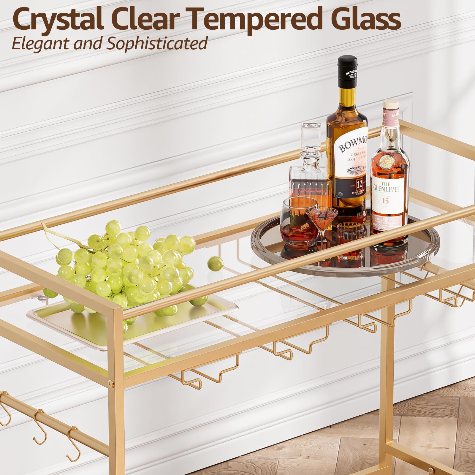 Gold Rolling Bar Cart with Wine Rack & Glass Holder - 2-Tier Lockable Wheels Serving Cart for Kitchen, Dining Room, Living Room | Perfect for Home Entertaining, Cocktail Parties & Beverage Serving