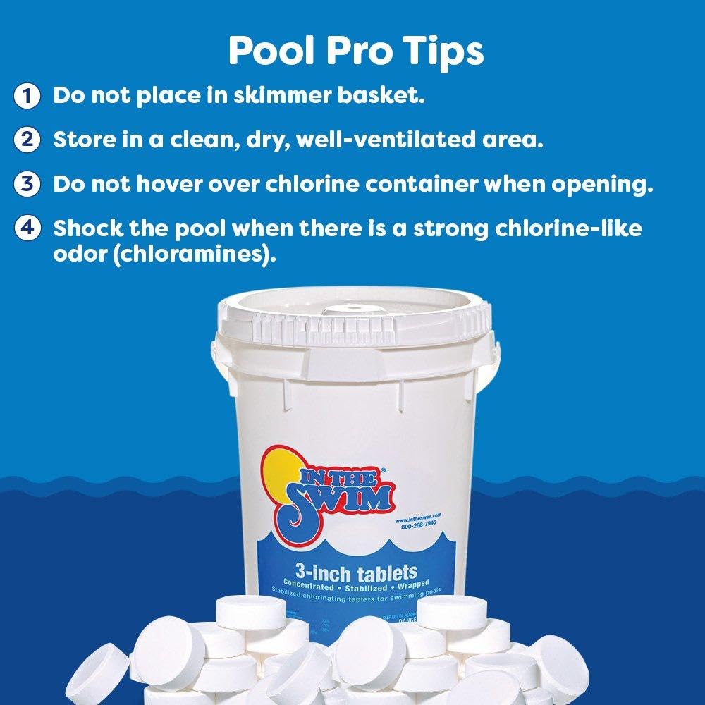 In The Swim 3-Inch Stabilized Chlorine Tablets for Swimming Pools – Slow Dissolving, 90% Available Chlorine, Tri-Chlor Sanitizer – Individually Wrapped – 25 lb Bucket – Perfect for Weekly Pool Maintenance & Water Sanitization