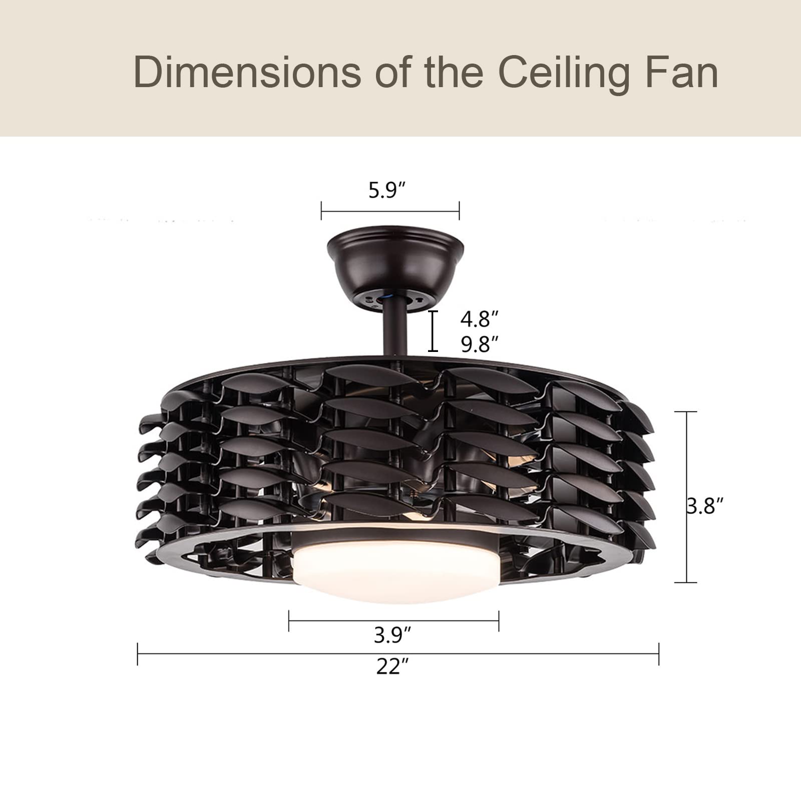 Bladeless Ceiling Fan with LED Light - Remote Control, 3 Color Changing & 3 Speed Settings - 22 Inch Modern Chandelier Style for Bedroom, Living Room, Kitchen (Coffee Black) - Perfect for Energy-Efficient Cooling and Ambient Lighting