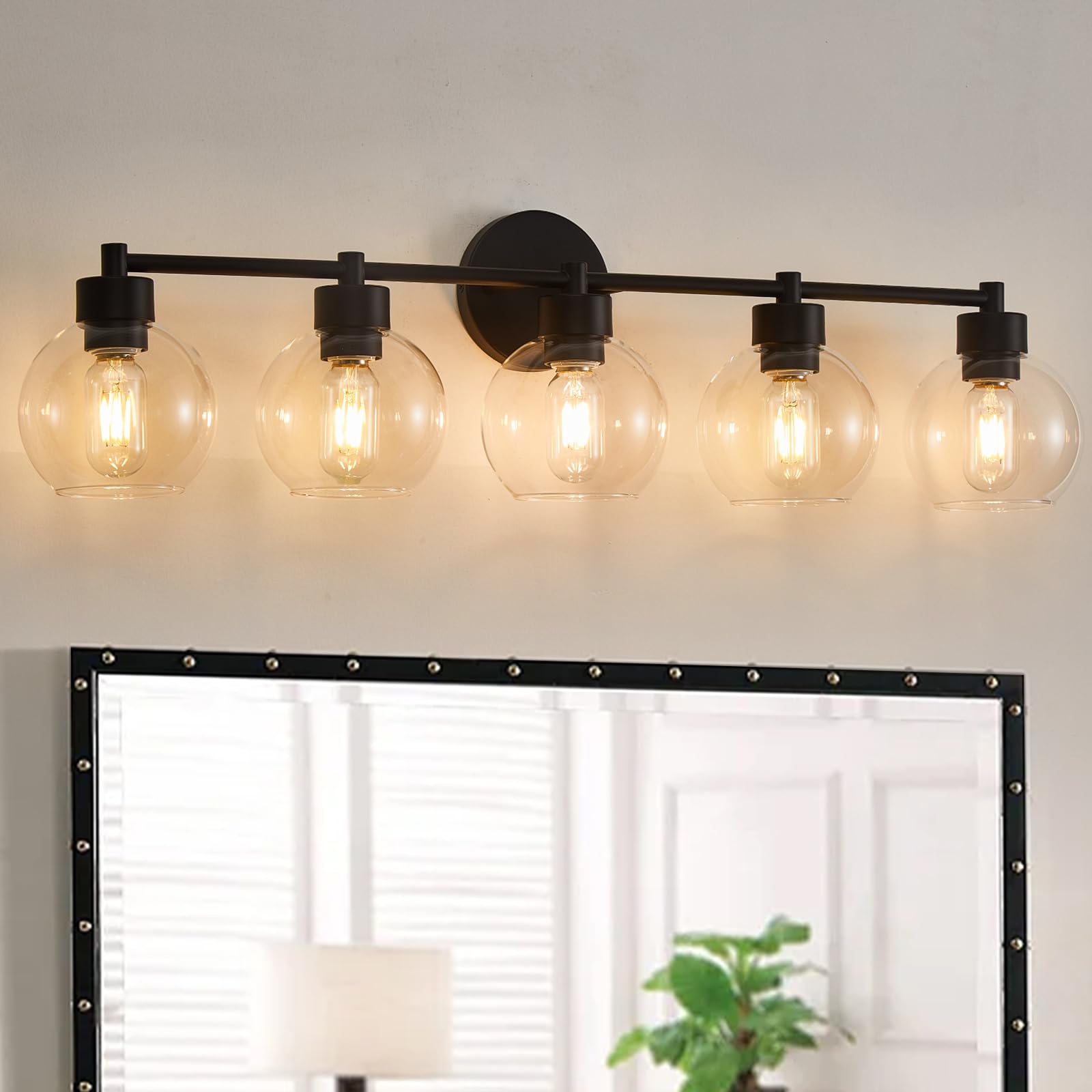 Matte Black 5-Light Bathroom Vanity Light with Globe Glass Shade & Metal Base - Modern Lighting Fixture for Bathroom Mirror, Stairs, Kitchen, Hallway, and Entryway