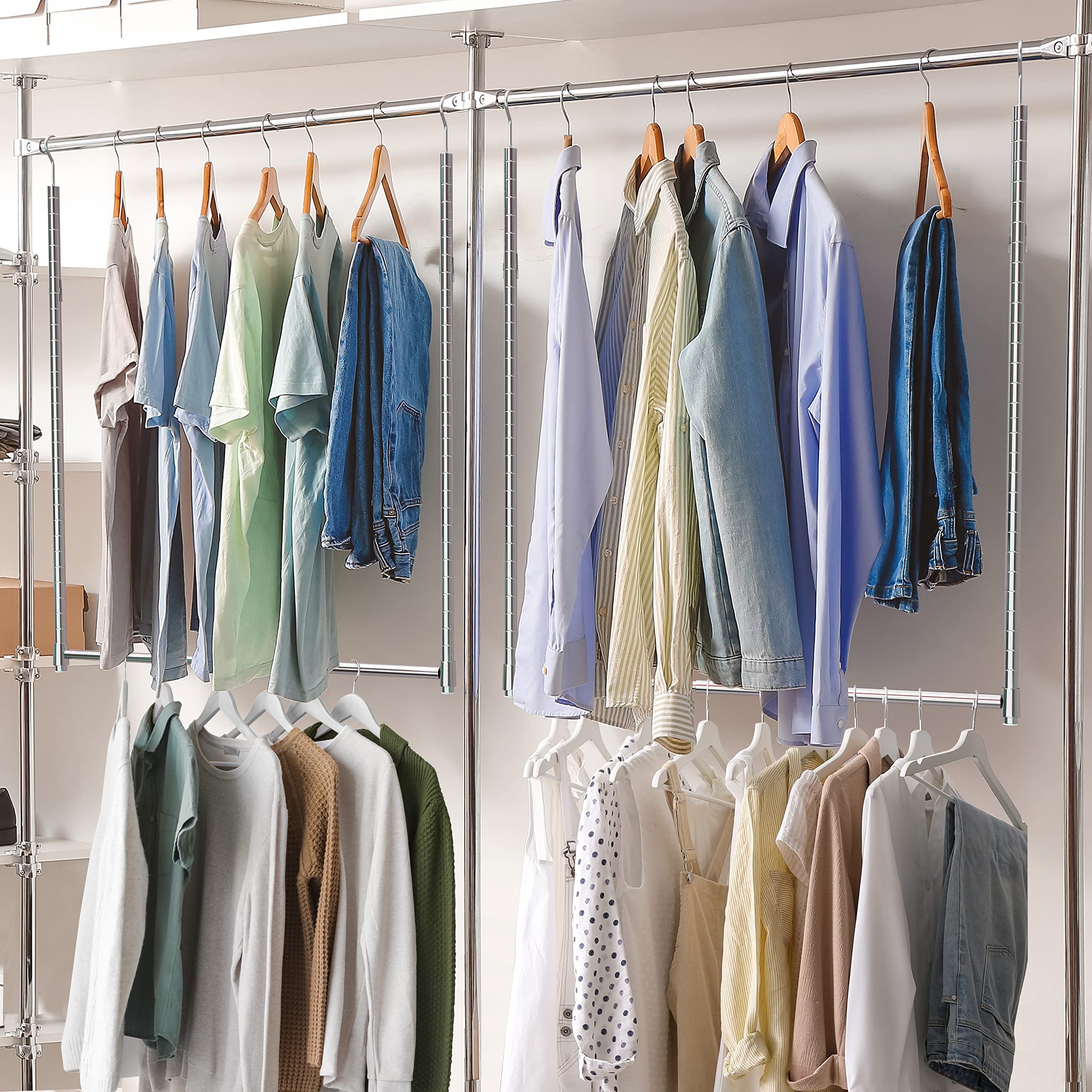 Adjustable Closet Hanging Rod - 2 Pack Chrome Closet Organizer for Wardrobe, Closet & Storage - Space Saving Closet Extension Rod for Home Organization