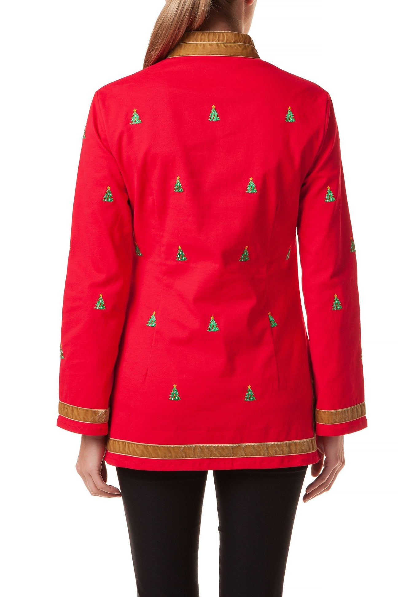 Women's Stretch Twill Tunic Top in Bright Red with Christmas Tree Print - Perfect for Holiday Parties & Festive Outfits