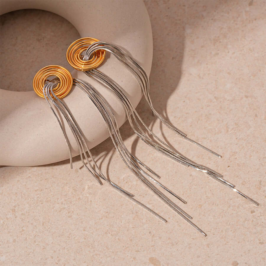 Vintage 2-Tone Metallic Spiral Tassel Long Chain Earrings for Women | HE22452 | Boho Chic Jewelry for Parties, Weddings & Date Nights