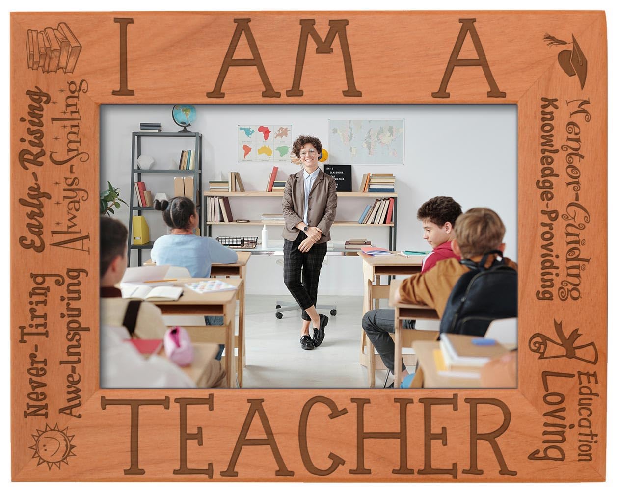 Natural Wood Engraved 5x7 Landscape Picture Frame with 'I am a Teacher' Poem - Thoughtful Teacher Appreciation Gift for Educators, Classroom Decor, Retirement or End of Year Present