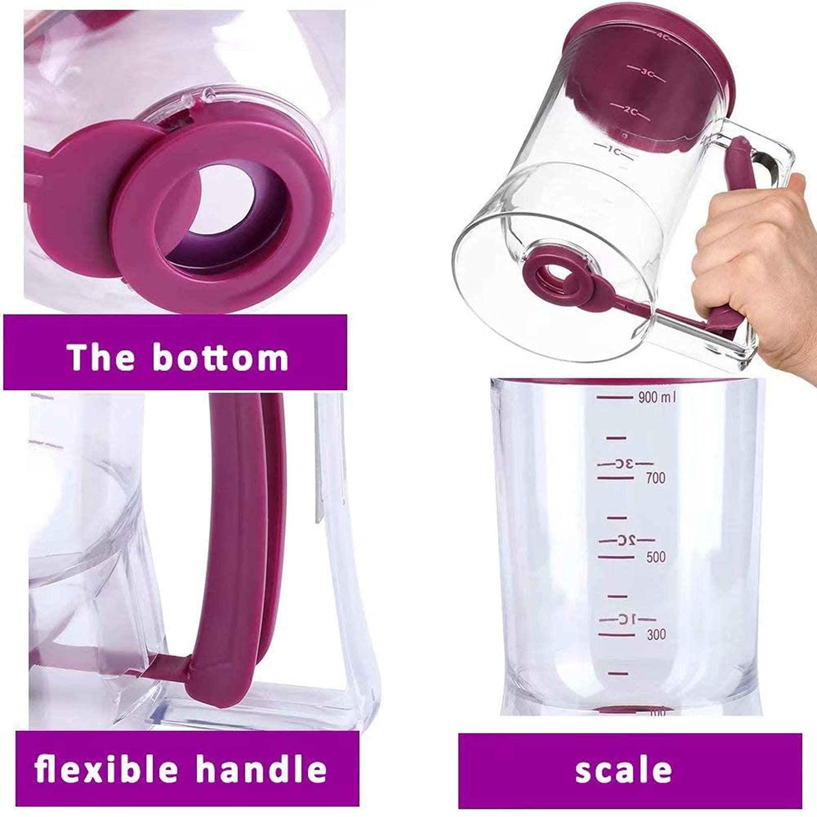 900mL Pancake Batter Dispenser with Measuring Marks - Squeeze Handle & Silicone Brush for Perfect Pancakes, Cupcakes, Crepes, Cakes - Ideal for Breakfast, Baking, and Party Food Preparation