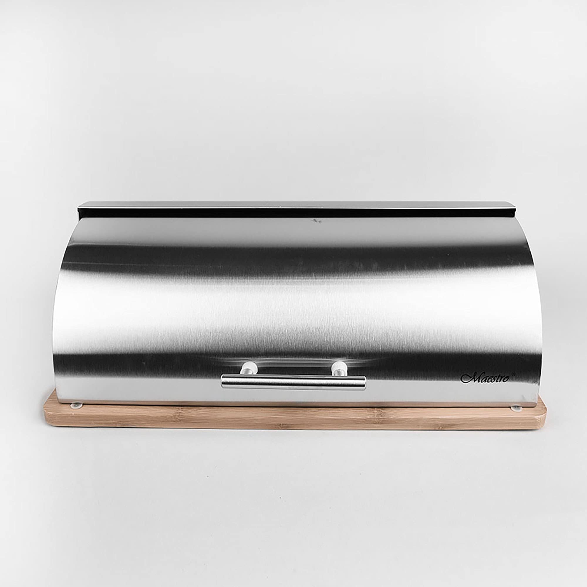 Maestro MR-1672S Stainless Steel & Wood Bread Box with Sliding Lid - Elegant Bread Storage Container for Kitchen Countertop - Perfect for Storing Bread, Buns, Pastries & Baked Goods