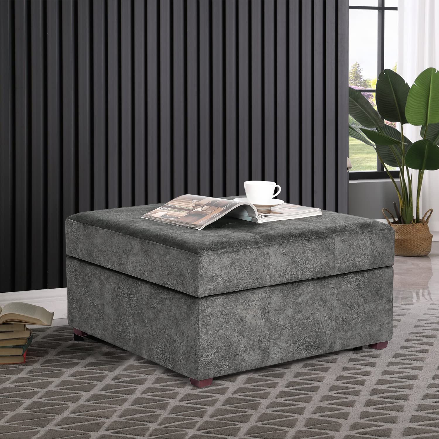Homebeez Storage Ottoman Bench - Tufted Fabric Coffee Table Footstool with Wood Legs, Multi-Functional Footrest for Living Room (Black Gray) | Perfect for Small Space Storage & Extra Seating
