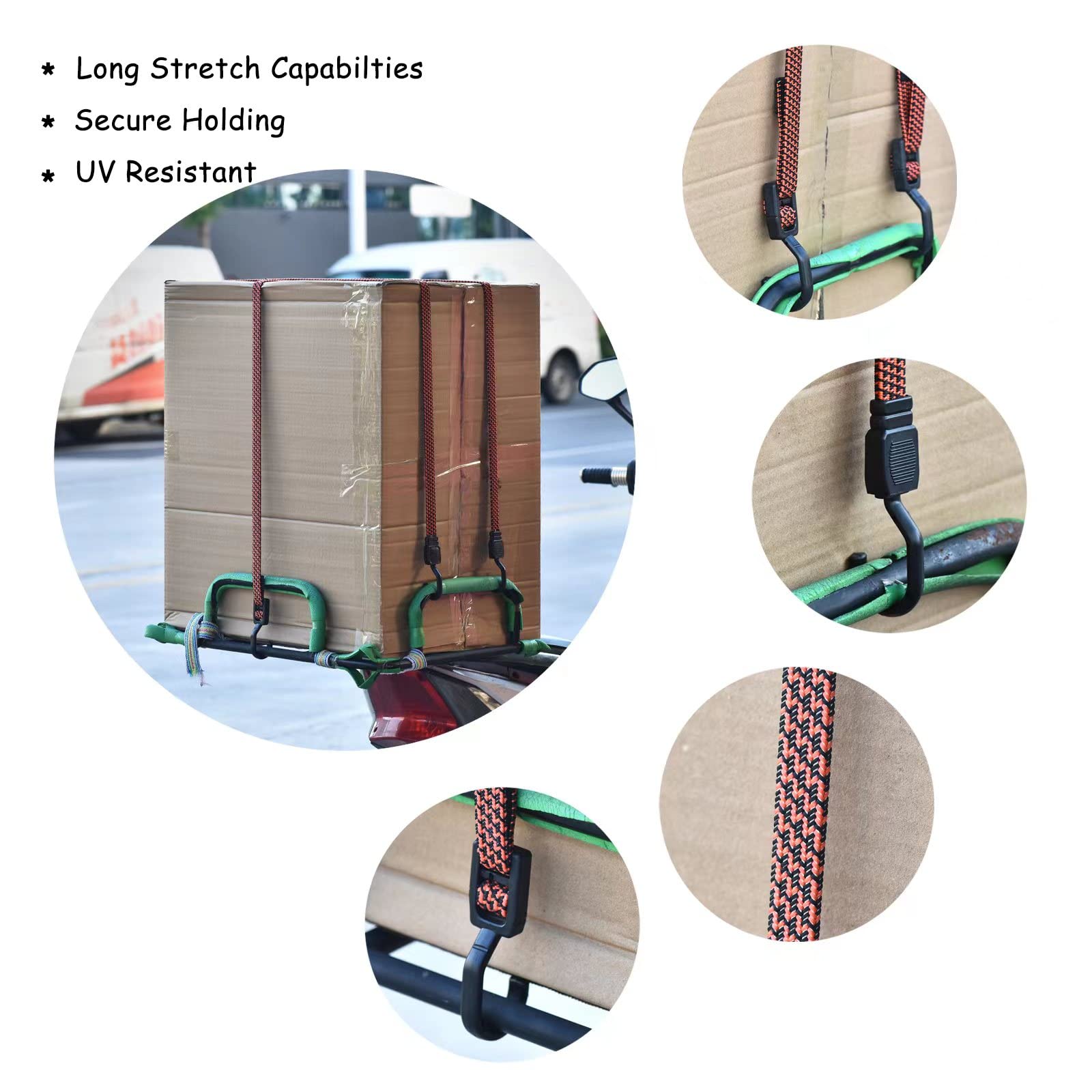 Fifod Adjustable Flat Bungee Cords with Hooks - 4 Pack Heavy Duty Bungee Straps for Secure Cargo Tie Down | Perfect for Hand Carts, Luggage Racks, Camping Gear, Gardening Tools & Clotheslines | Durable Elastic Rope for Outdoor & Home Organization
