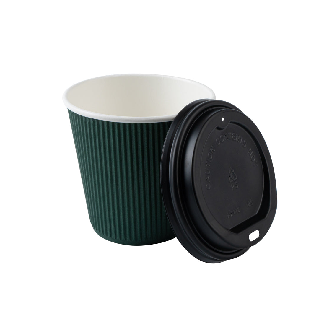 Eco-Friendly 8 oz Forest Green Ripple Wall Paper Coffee Cups with Black Lids - 3.5