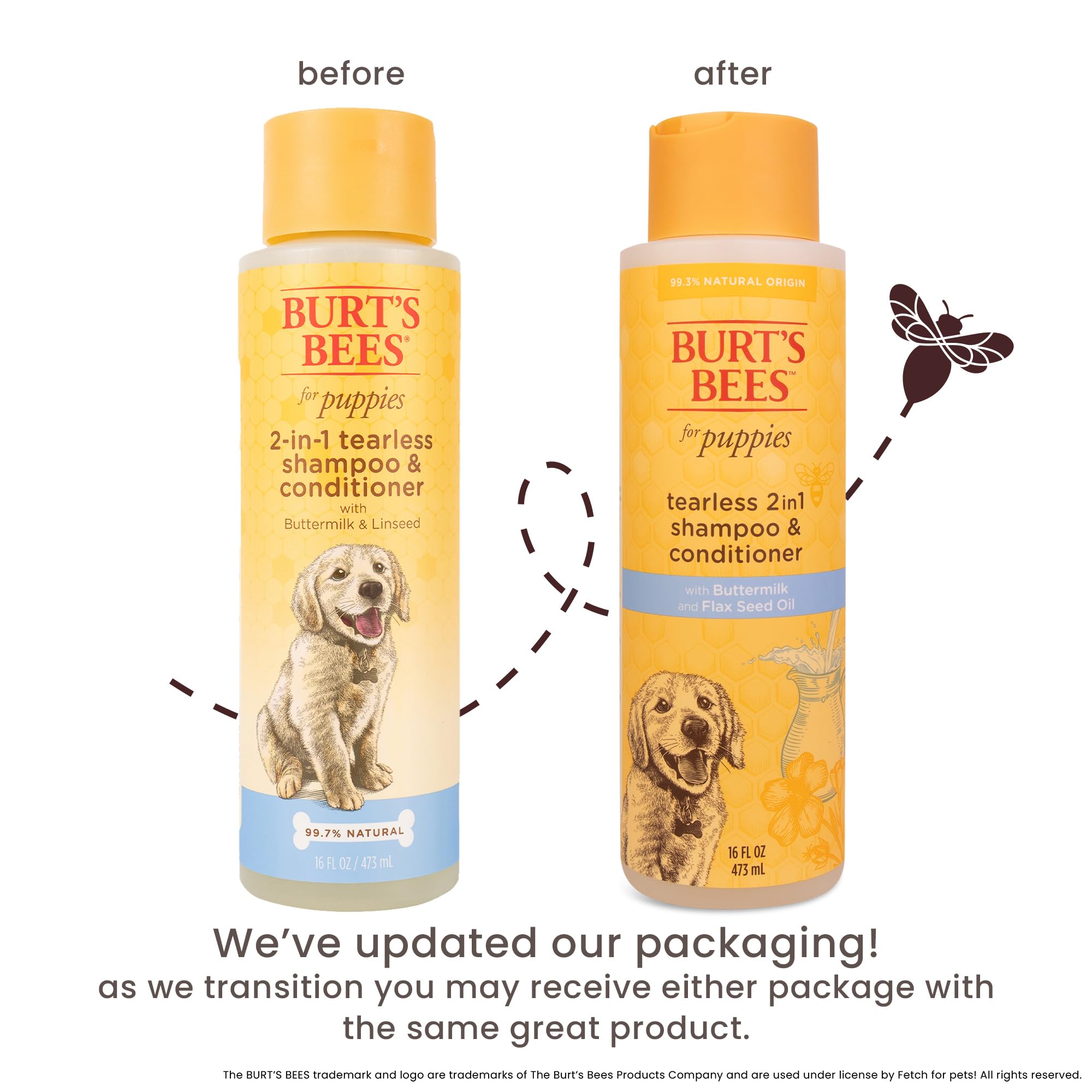 Burt's Bees for Pets Tearless Puppy 2-in-1 Shampoo & Conditioner with Buttermilk & Linseed Oil | 95% Natural Ingredients | Gentle Tear-Free Puppy Bath Solution | 16 oz | Perfect for Sensitive Skin & Regular Grooming