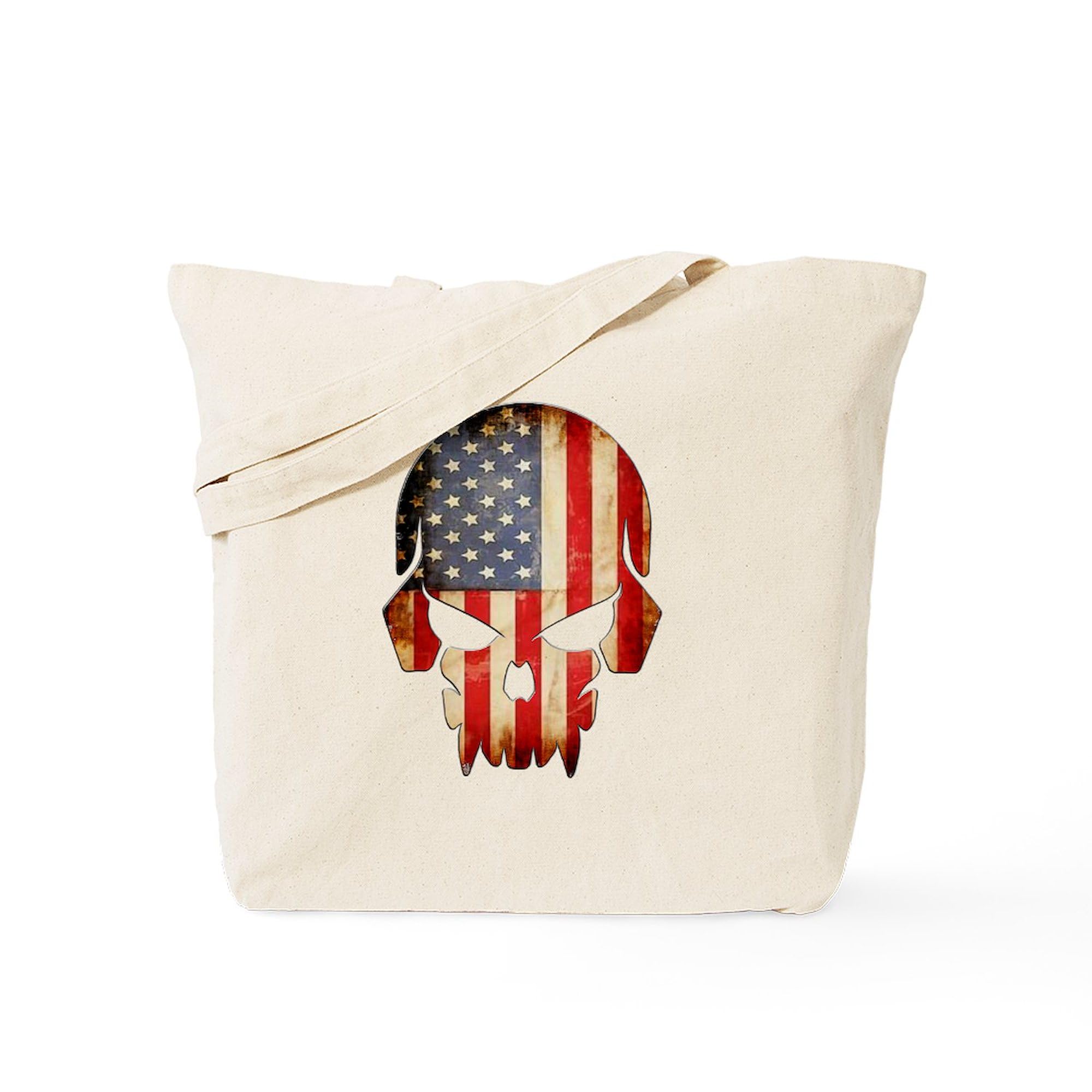 American Flag Skull Tote Bag - Natural Canvas Reusable Shopping Bag for Groceries, Beach & Daily Use | Patriotic Graphic Design
