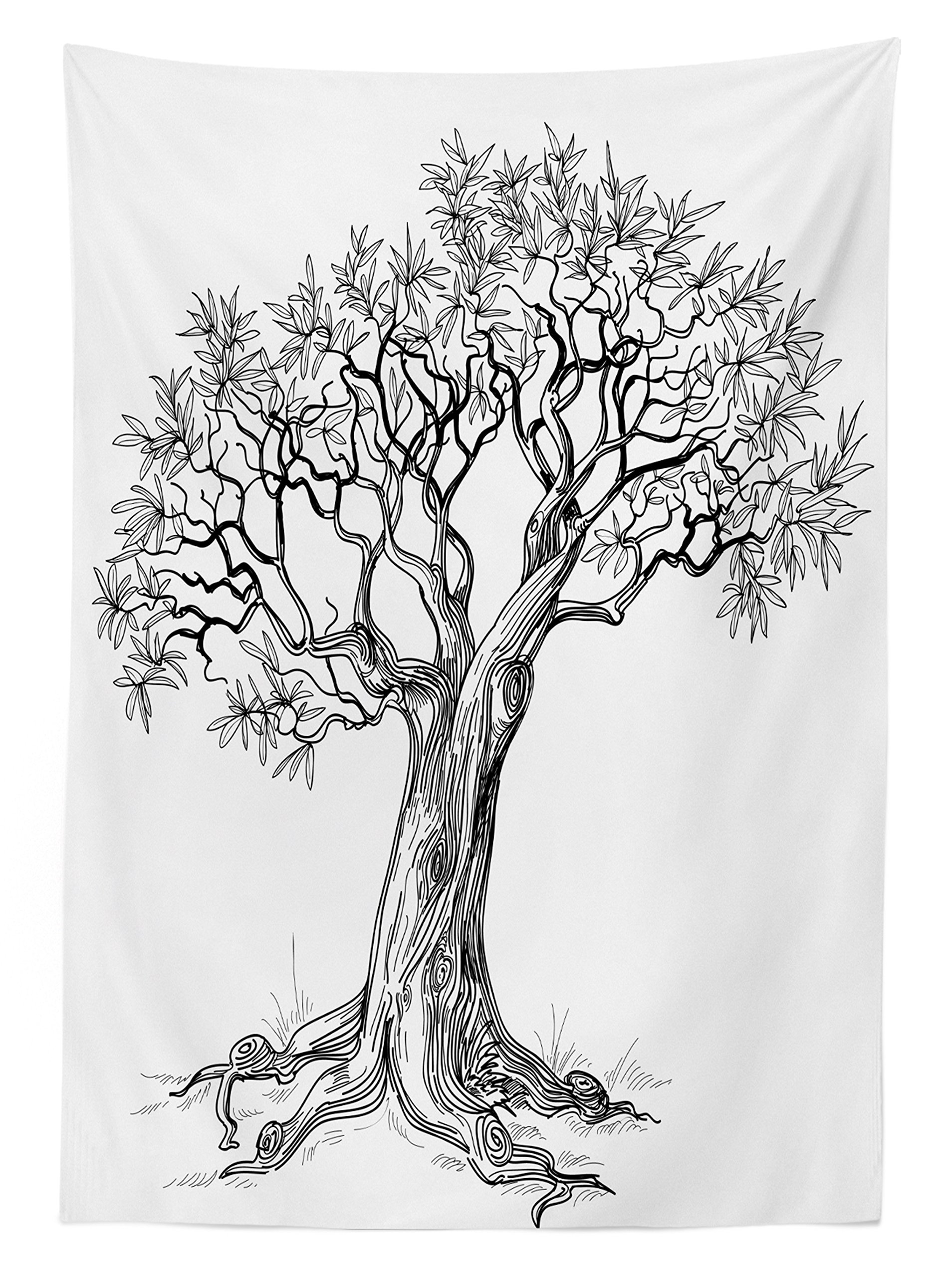 Hand Drawn Olive Tree Nature Outdoor Tablecloth - Washable Picnic Table Cover 58x104 Inches, Black & White Woodland Forest Design - Perfect for Garden Parties, BBQs, and Outdoor Dining