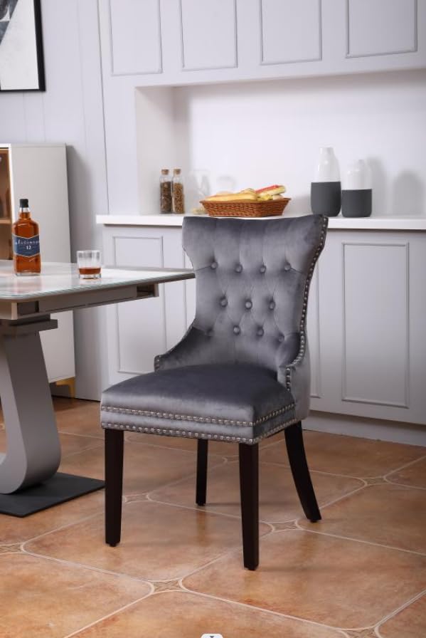 Luxury Grey Velvet Dining Chairs Set of 2 - Upholstered High Back Kitchen & Dining Room Chairs with Ring and Studs Design for Elegant Home Decor, Dinner Parties & Formal Entertaining