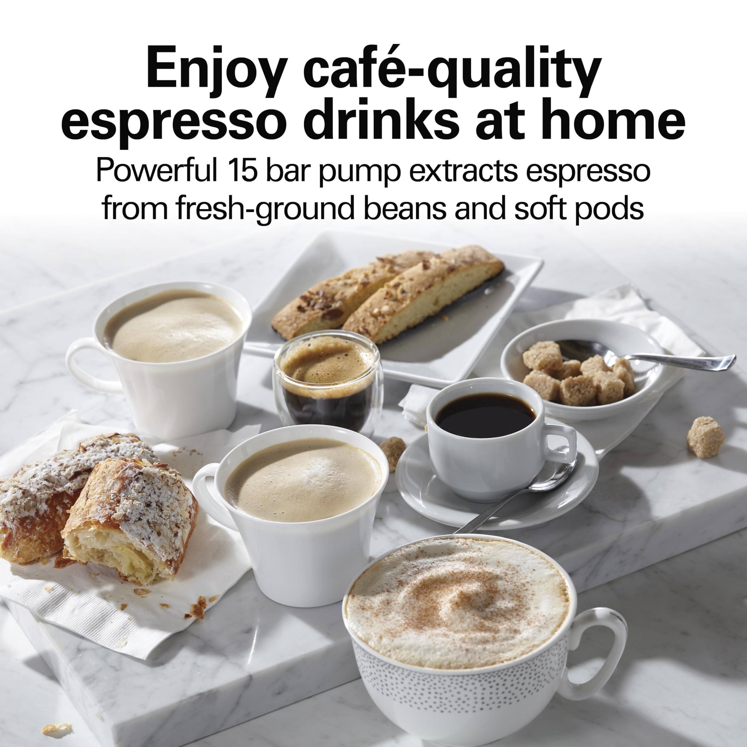 Hamilton Beach 15 Bar Espresso Machine - Professional Cappuccino, Mocha & Latte Maker with Milk Frother | 2-Cup Simultaneous Brewing | Compatible with Coffee Pods & Ground Coffee | 50 oz Water Tank | Black | Perfect for Home, Office & Coffee Shop Use