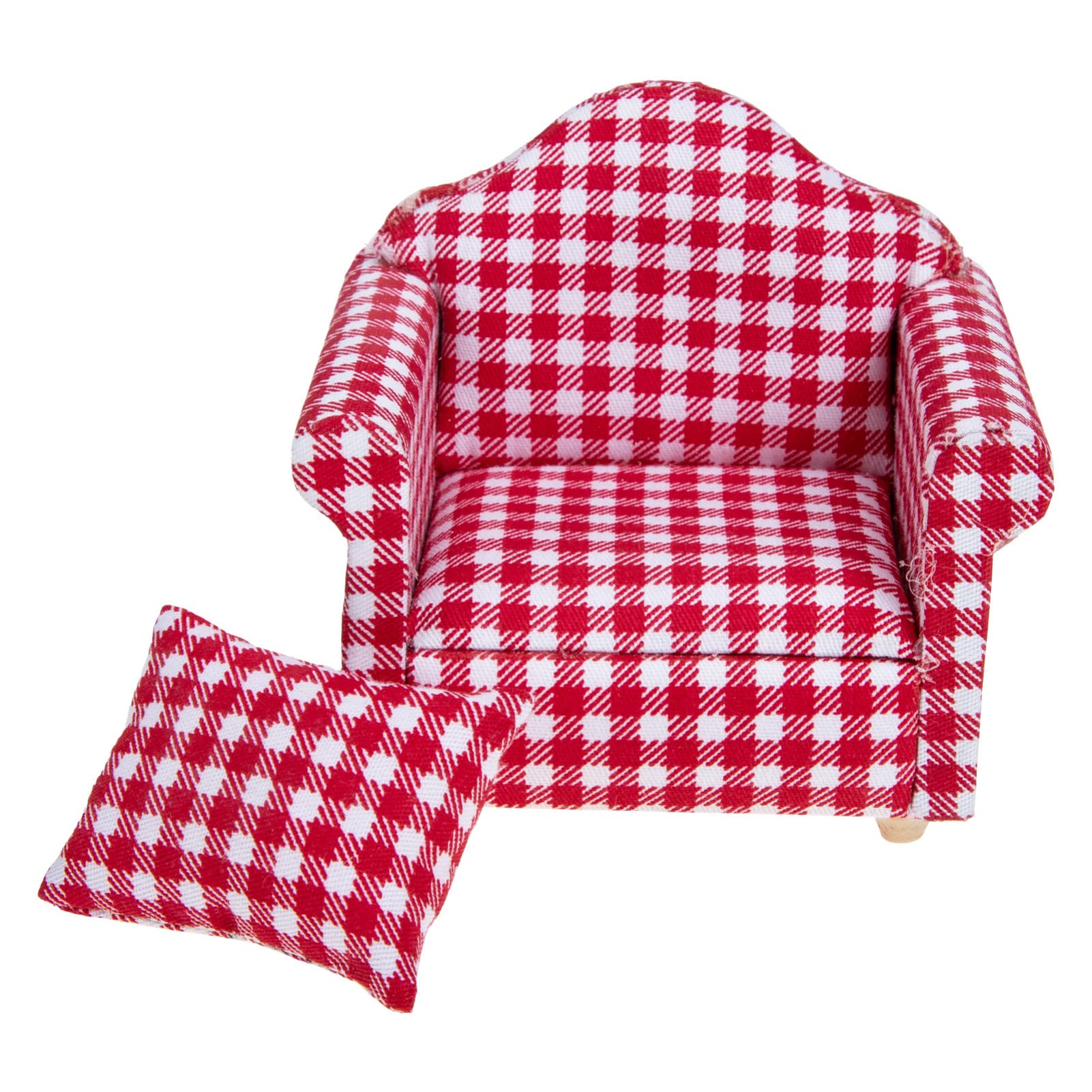 Kisangel 1:12 Scale Miniature Wooden Sofa Set with Plaid Design & Pillow - Dollhouse Furniture for Collectors, Miniature Decor, DIY Micro Landscape - Perfect for Dollhouse, Fairy Garden, and Model Train Scenes