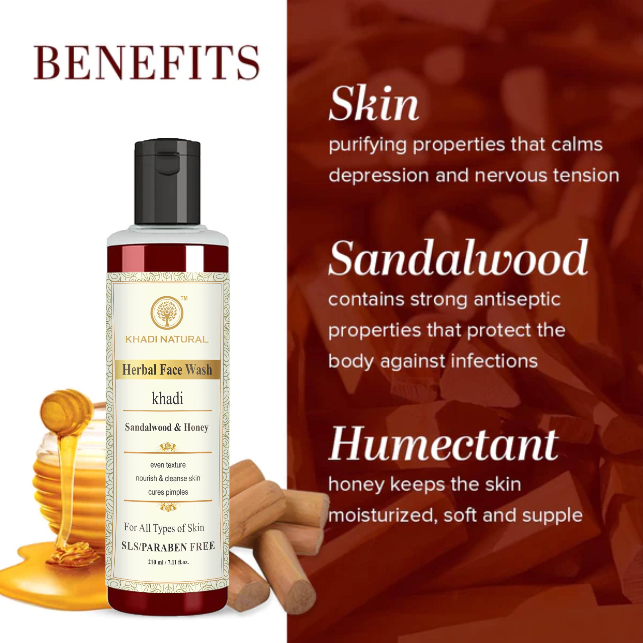 Khadi Natural Sandalwood & Honey Face Wash for Acne Scars & Blemish Reduction - 210ml (Pack of 2) | Gentle Cleanser for Healthy Glowing Skin | Perfect for Daily Skincare Routine & Sensitive Skin Care