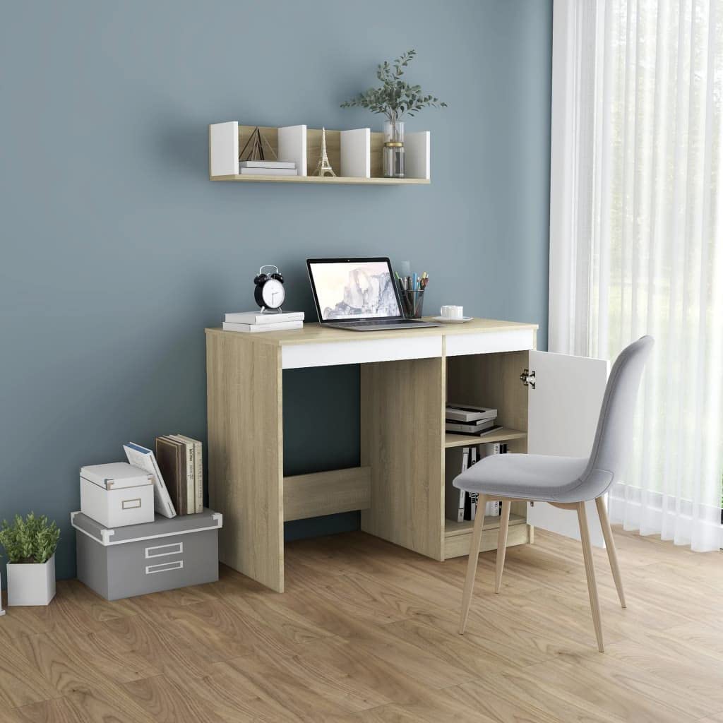 Standing Desk with Shelves - White & Sonoma Oak Engineered Wood Computer Workstation | Scandinavian Style Home Office Desk for Small Spaces | Perfect for Remote Work, Study & Living Room Workspace