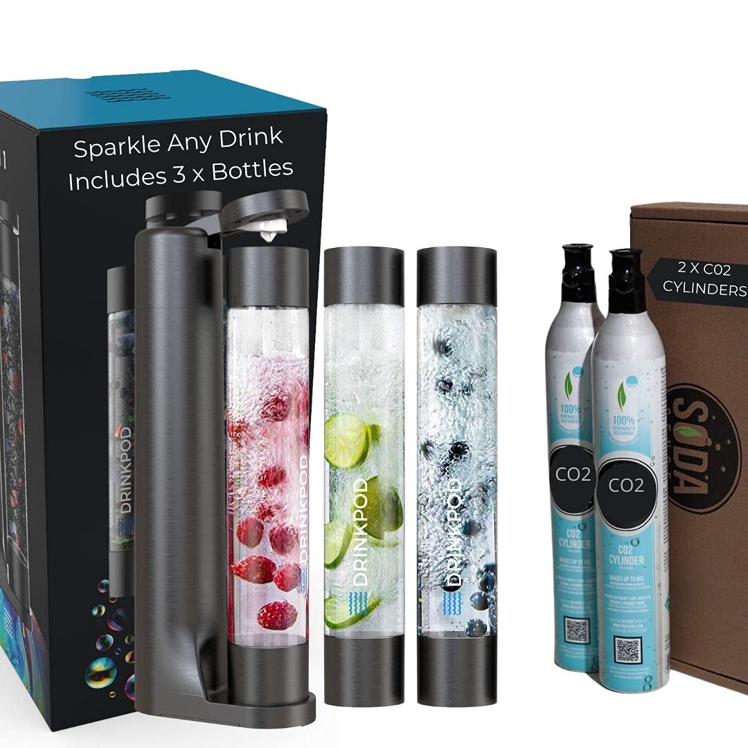 FIZZpod Soda Maker Machine - 60L CO2 Carbonated Drink Maker with 3 BPA-Free Bottles & Caps | Make Sparkling Water, Soda, Cocktails at Home | Perfect for Kitchen, Office, Parties (Black, Includes 2 CO2 Cylinders)