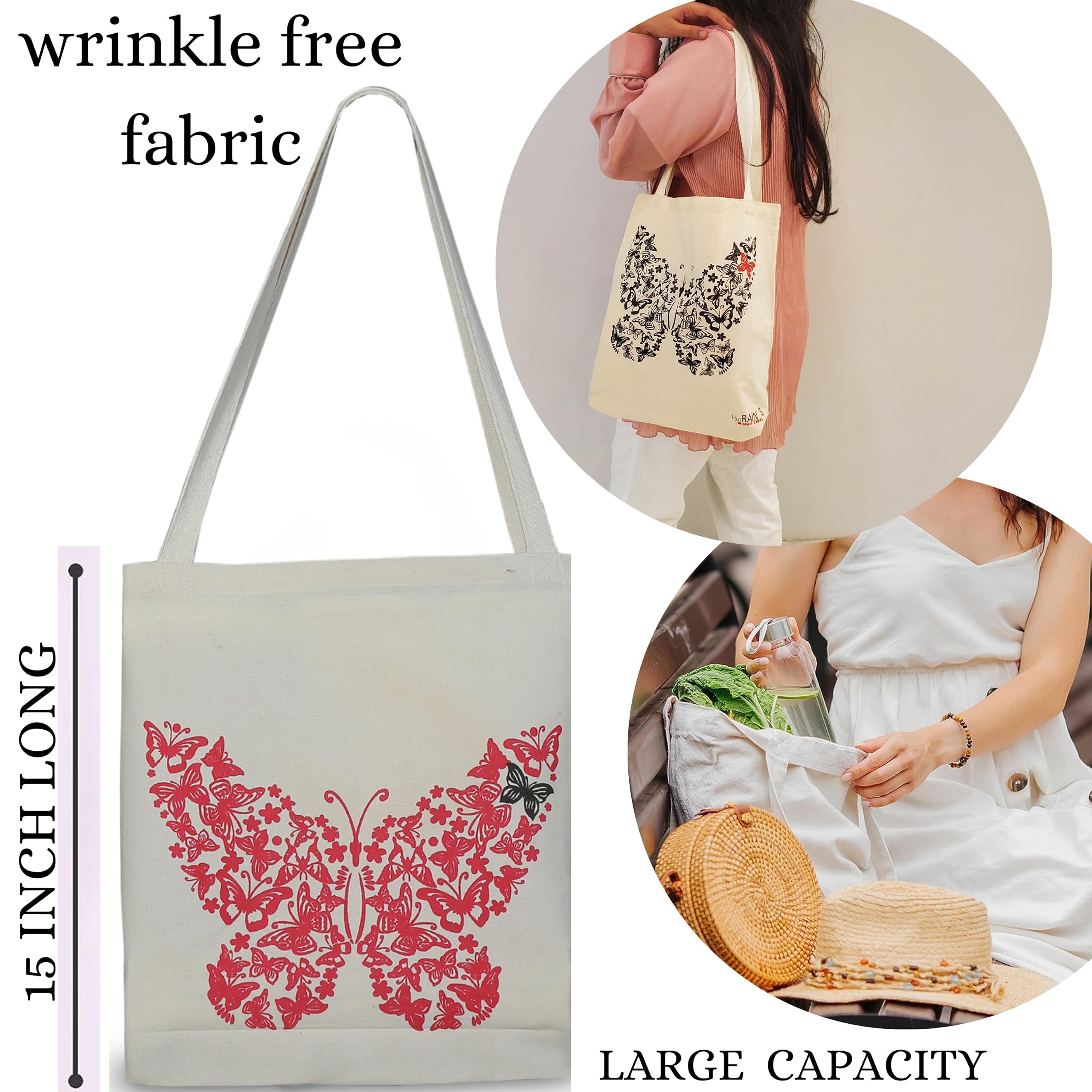 4-Pack Aesthetic Cute Butterfly & Kitty Printed Canvas Tote Bags for Women & Girls - Perfect for Work, Beach, Travel, Shopping & Grocery