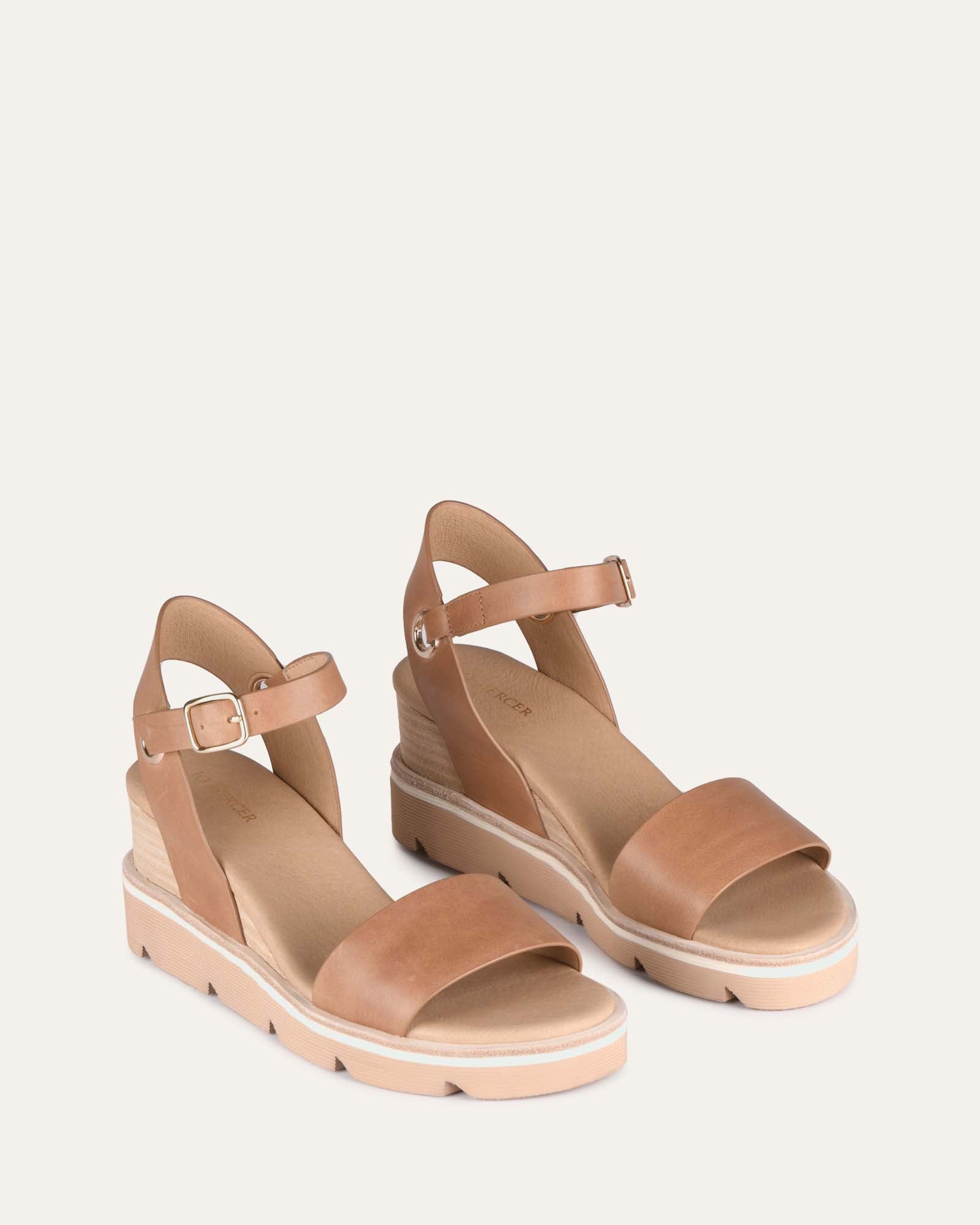 KATIE Women's Mid Heel Wedge Sandals - Tan Leather Comfortable Summer Shoes for Beach, Party & Casual Outings