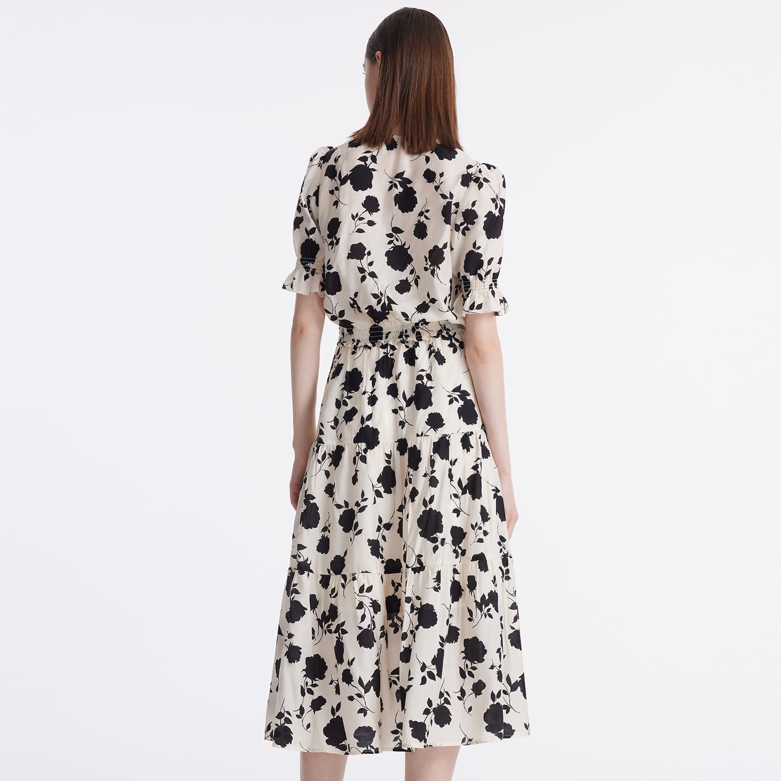 2 Piece Skirt Sets for Women - Classic Business Outfits with Puff Sleeve V-Neck Blouse & Maxi Skirt | Rose Printed Acetate Fabric | Office Wear, Formal Occasions & Professional Events