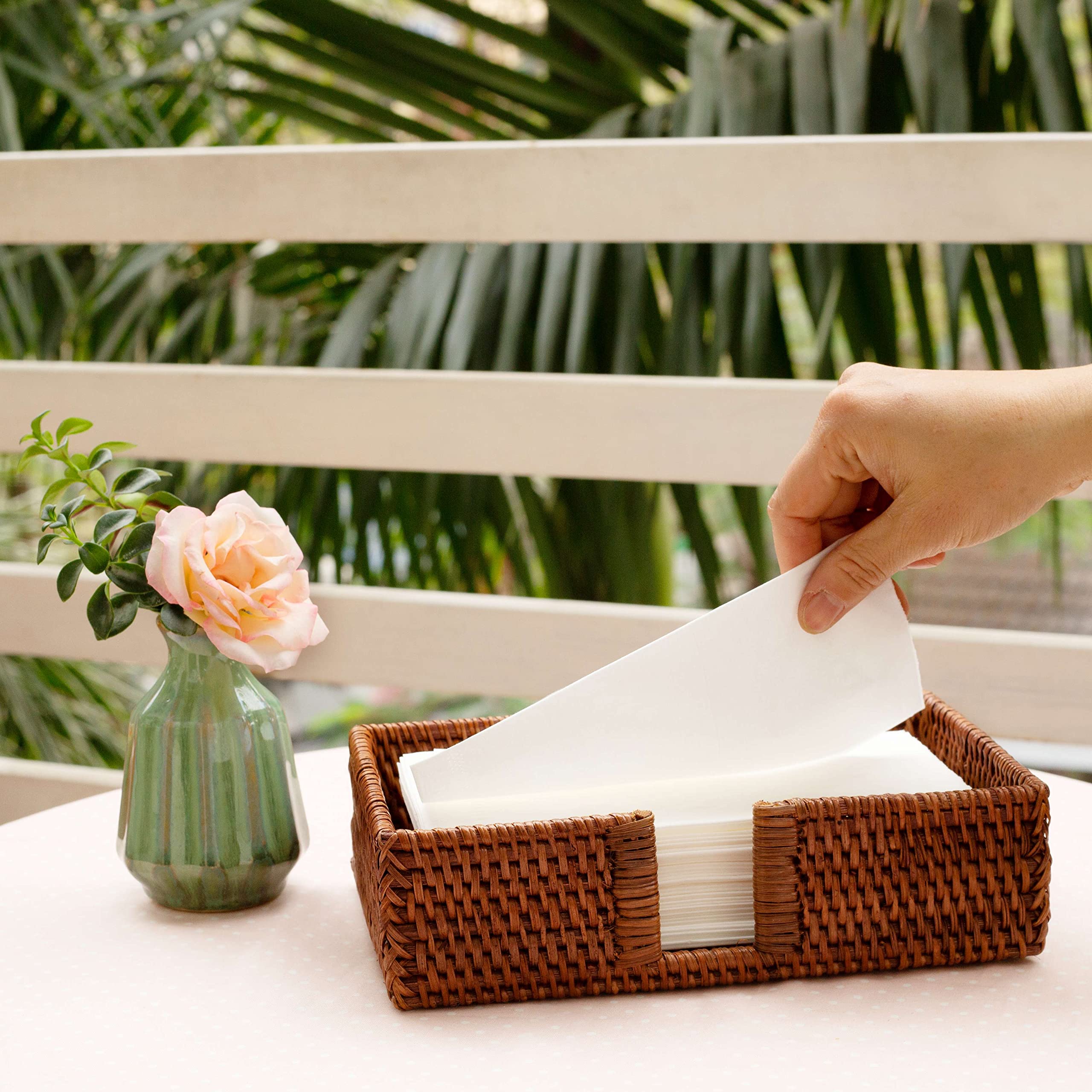 Dark Brown Rattan Bathroom Towel Holder - 9.4 x 5.9 x 2.4 Inch Wicker Tissue Paper Storage Basket for Guest Towels, Napkins & Luncheon Supplies | Perfect for Toilet Tank, Kitchen Countertop & Bathroom Organization