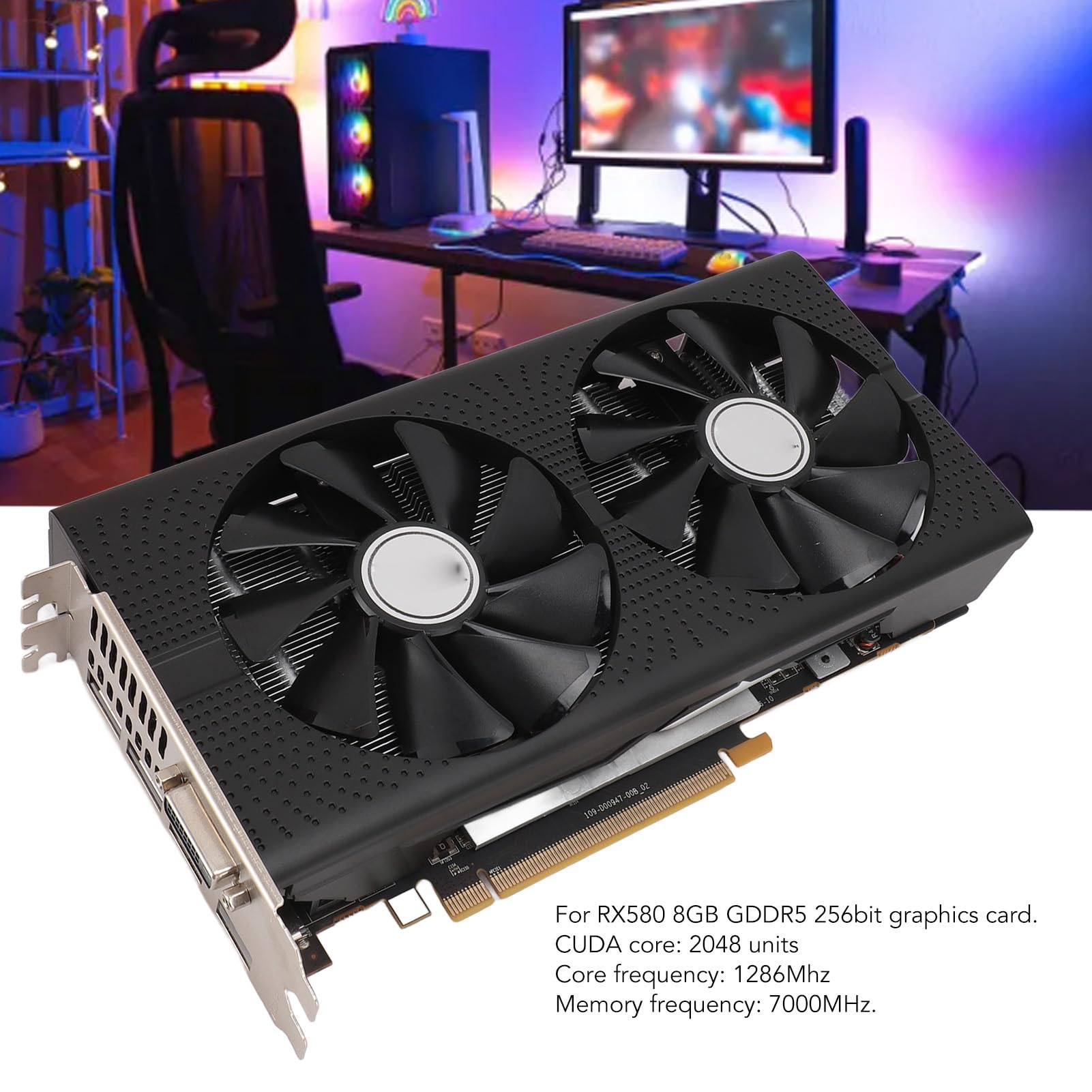 AMD Radeon RX 580 8GB GDDR5 256-bit Gaming Graphics Card with Dual Fans - 1286MHz Core Clock, 7000MHz Memory Speed, PCI Express 3.0, HDMI/DP/DVI Outputs for PC Gaming, Video Editing, and Cryptocurrency Mining