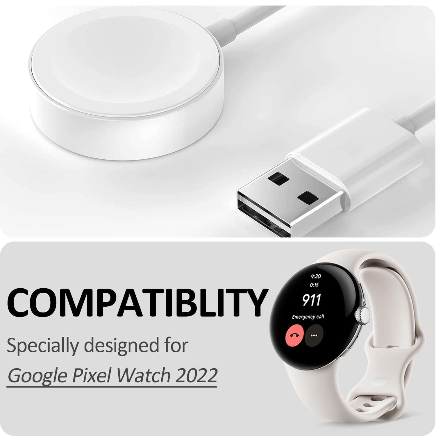 Fast Magnetic Wireless Charging Cable for Google Pixel Watch - Portable & Compatible Charger Accessory | Perfect for Travel, Workout & Daily Use - White