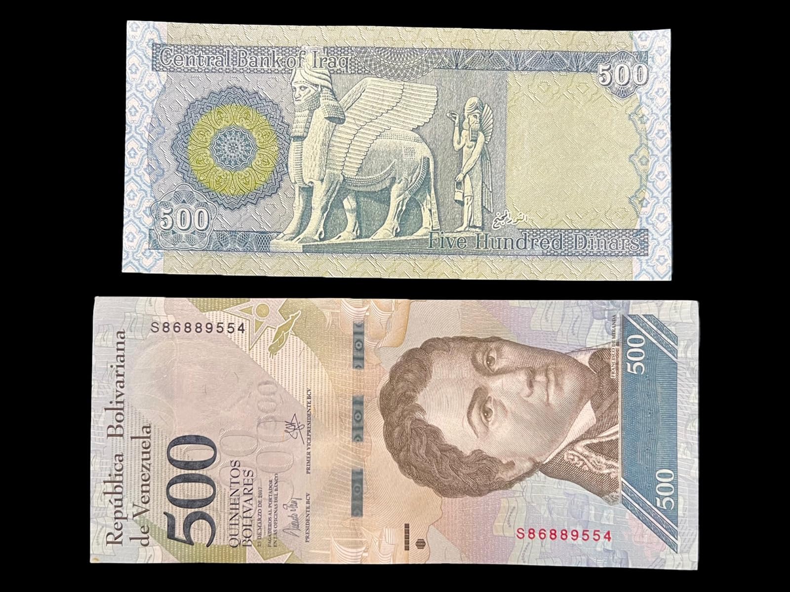Venezuela 500 Bolivares & Iraq 500 Dinars Banknotes - Rare Foreign Currency Collection for Travelers, Collectors & History Enthusiasts - Perfect for Souvenirs, Gifts & Educational Displays