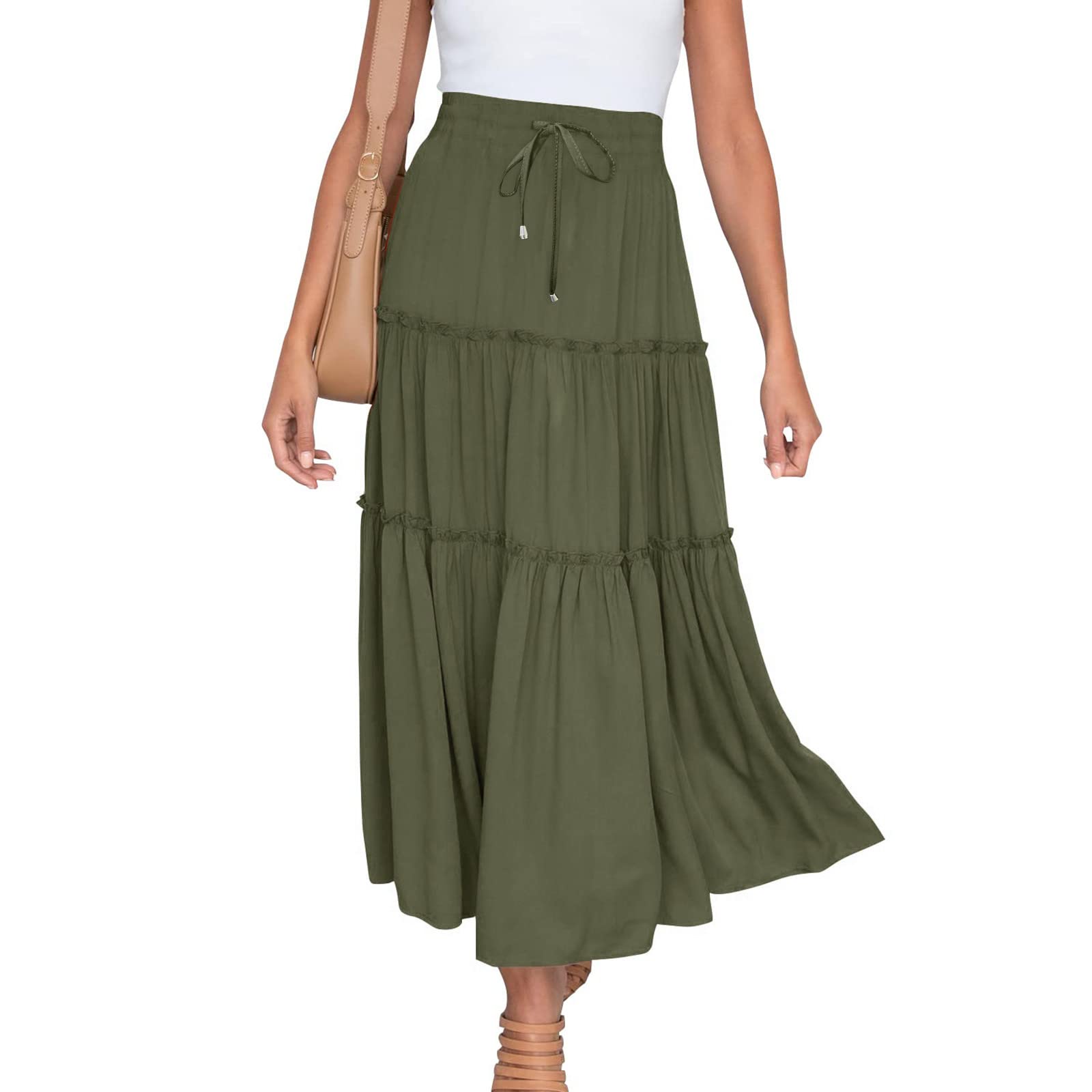 Boho Maxi Skirts for Women - Long Flowy Solid Color Casual Skirts with Ruched Ruffles & Elastic Waist - Perfect for Beach, Vacation, Summer Outfits & Boho Fashion