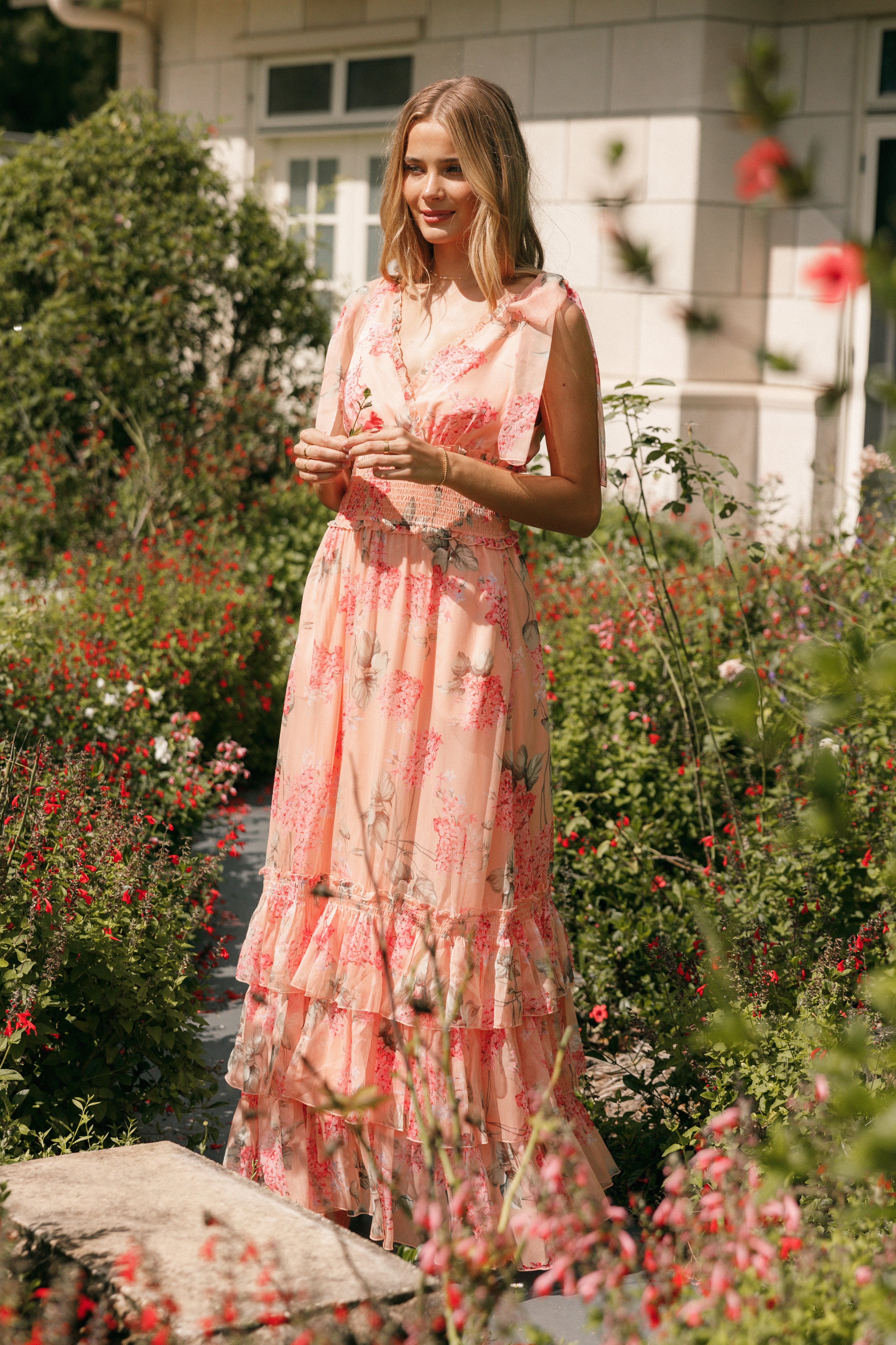 Fionna Women's Maxi Dress - Floral Print Summer Dress with Peach Color, Elegant Long Sleeve Boho Dress for Beach, Party, and Casual Wear