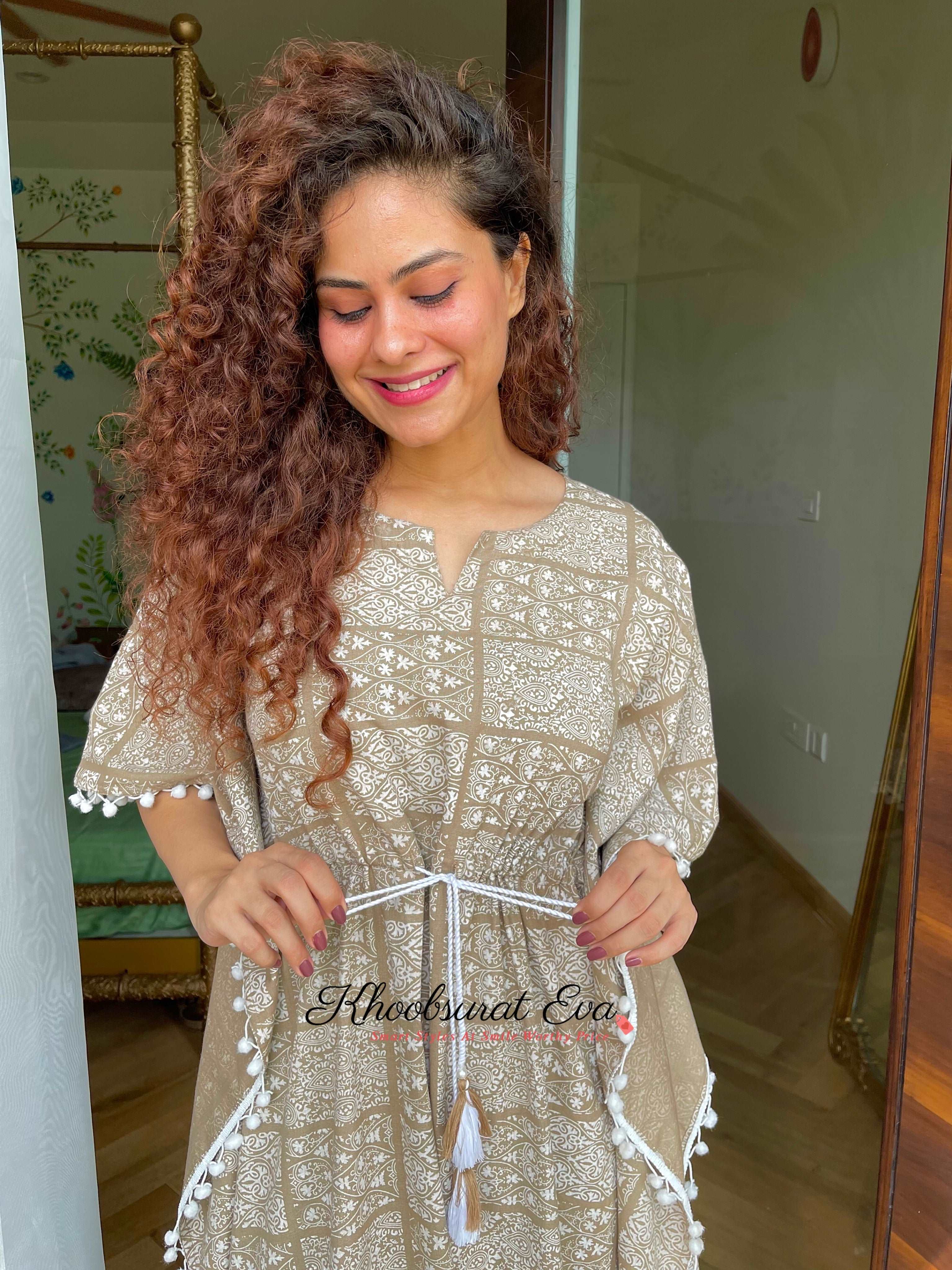 Beige and White Tassel Printed Cotton Kaftan Dress - Boho Chic Beach Cover Up for Women, Perfect for Vacation, Pool Party & Summer Outfits
