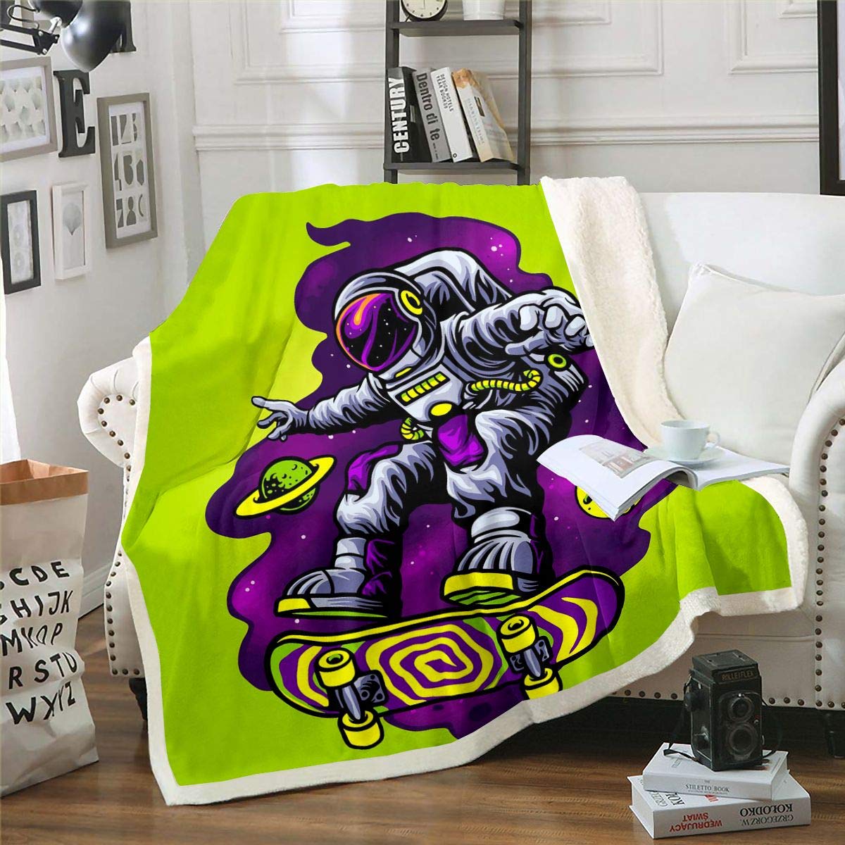 Soft Sherpa Fleece Throw Blanket - Hipster Astronaut & Outer Space Themed Plush Blanket for Sofa, Couch, Bed - 60
