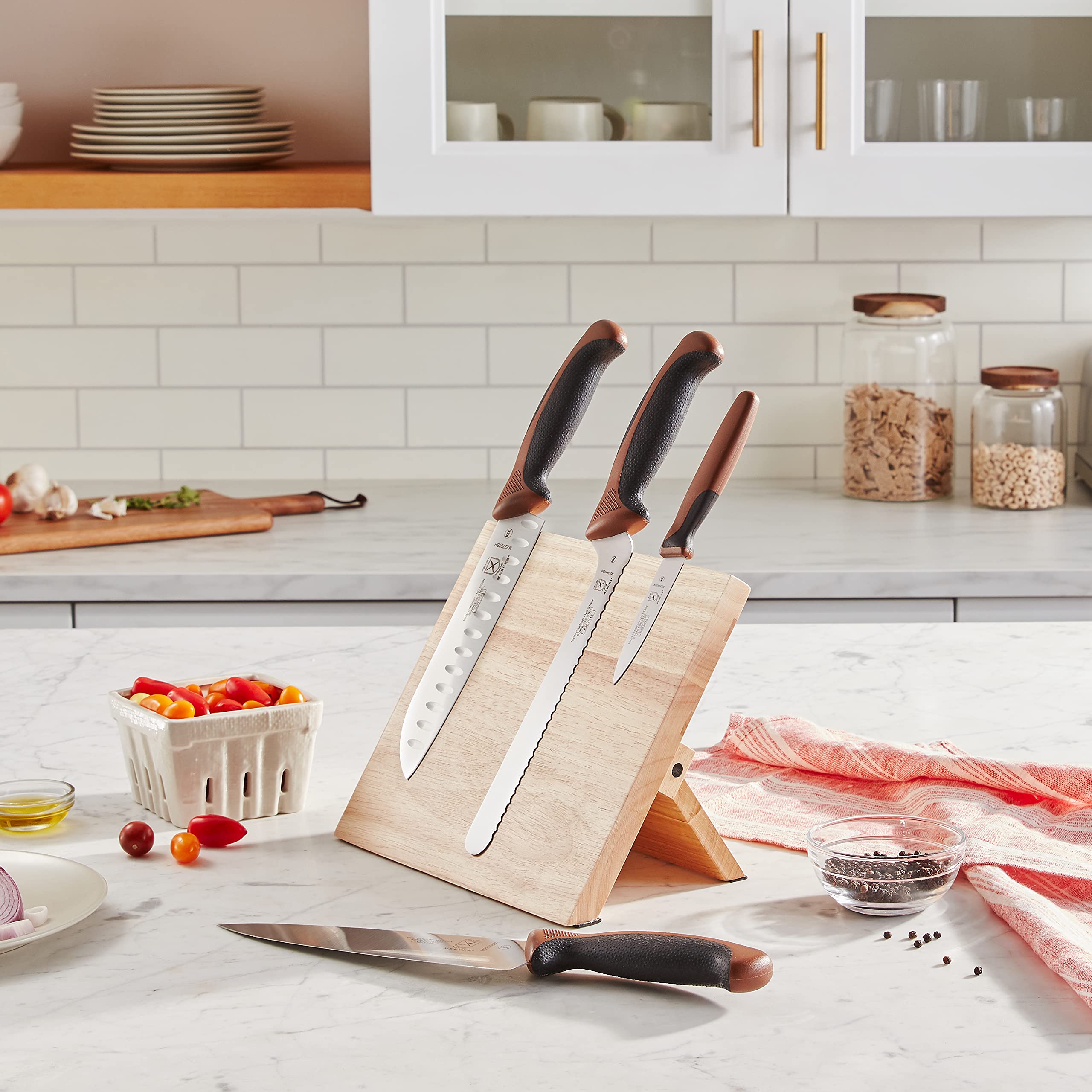 Mercer Culinary Millennia 5-Piece Magnetic Knife Set with Color-Coded Chocolate Handles - Premium Rubberwood Knife Block for Professional Chefs & Home Cooks - Perfect for Kitchen Organization & Safe Knife Storage