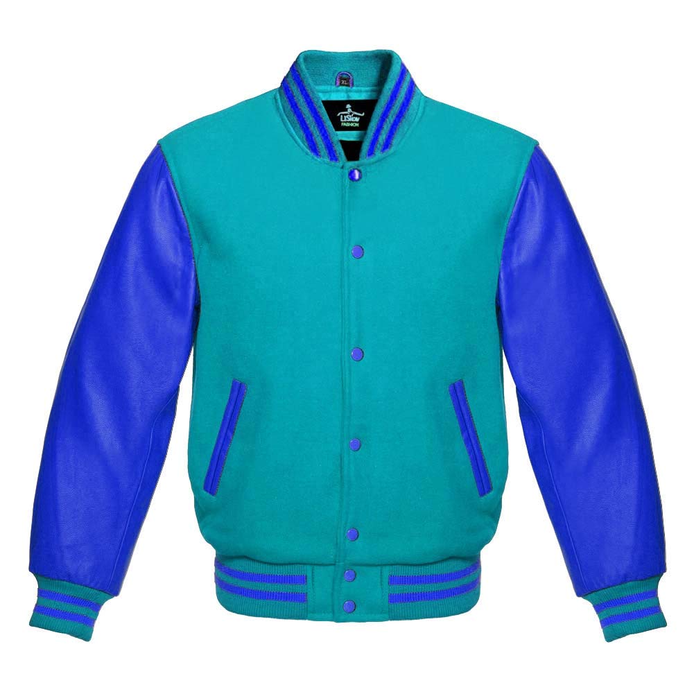 Premium Wool & Genuine Leather Varsity Jacket - Royal Blue Letterman Bomber with School Collage Design | Perfect for Baseball Games, Campus Wear & Casual Outfits