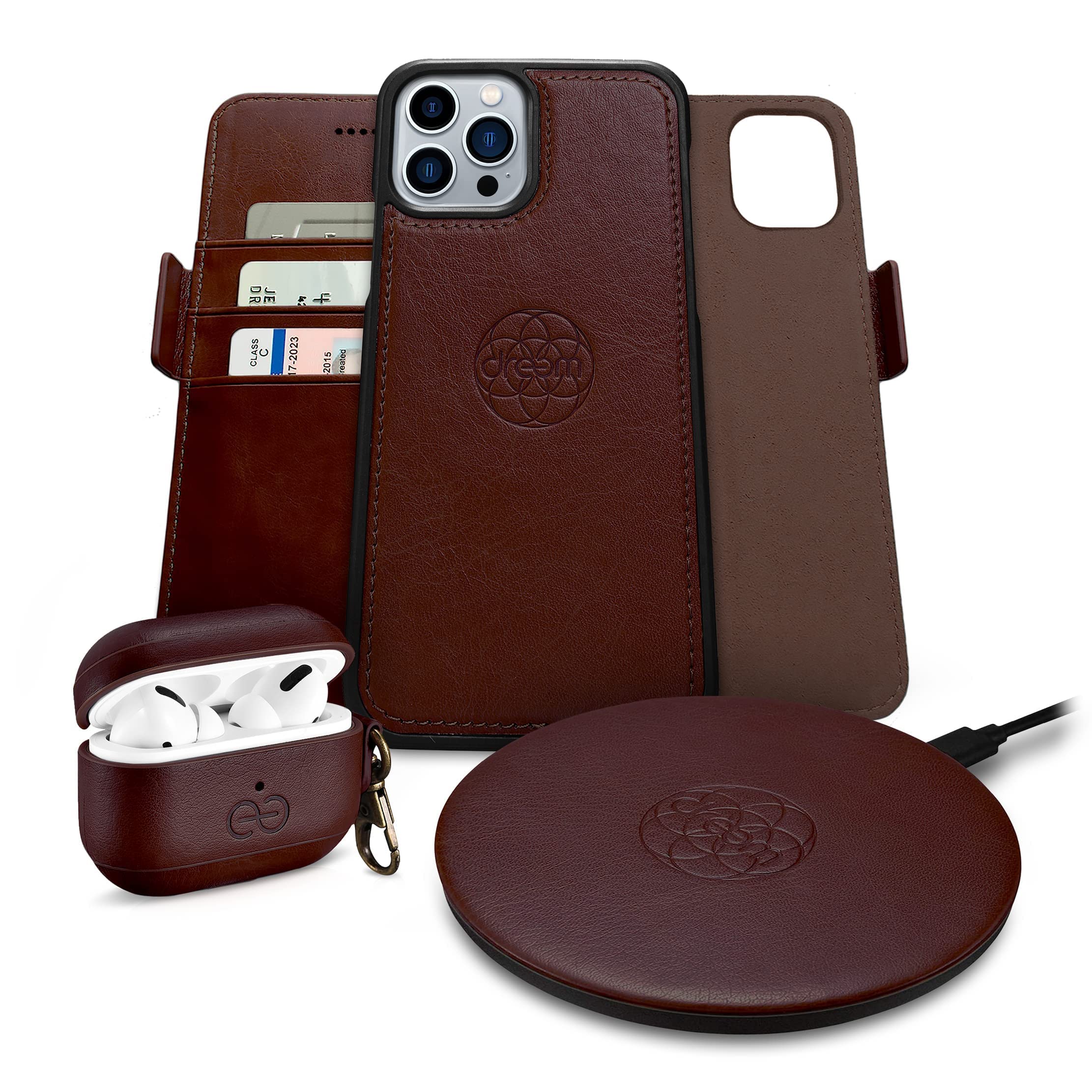 Fibonacci Wallet Case for iPhone 13 Pro Max with Om AirPod Pro Case & Beam Wireless Charger - Premium Leather RFID Blocking Phone Wallet - Perfect for Travel, Work & Daily Use (Coffee Brown)